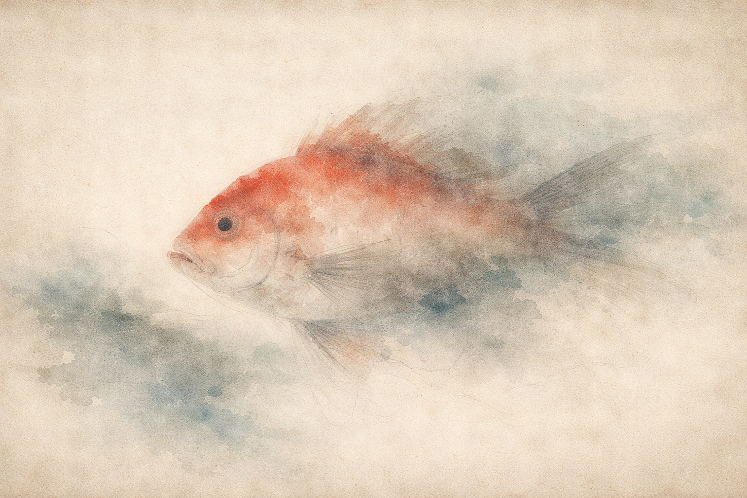 霧のような空間を漂う赤い魚を描いた水彩風のイメージ。仏教におけるドリーム・ヨーガ（夢のヨーガ）を象徴し、体験の夢幻性に気づき、夢の中でも気づきと意識を保つ修行を表している。