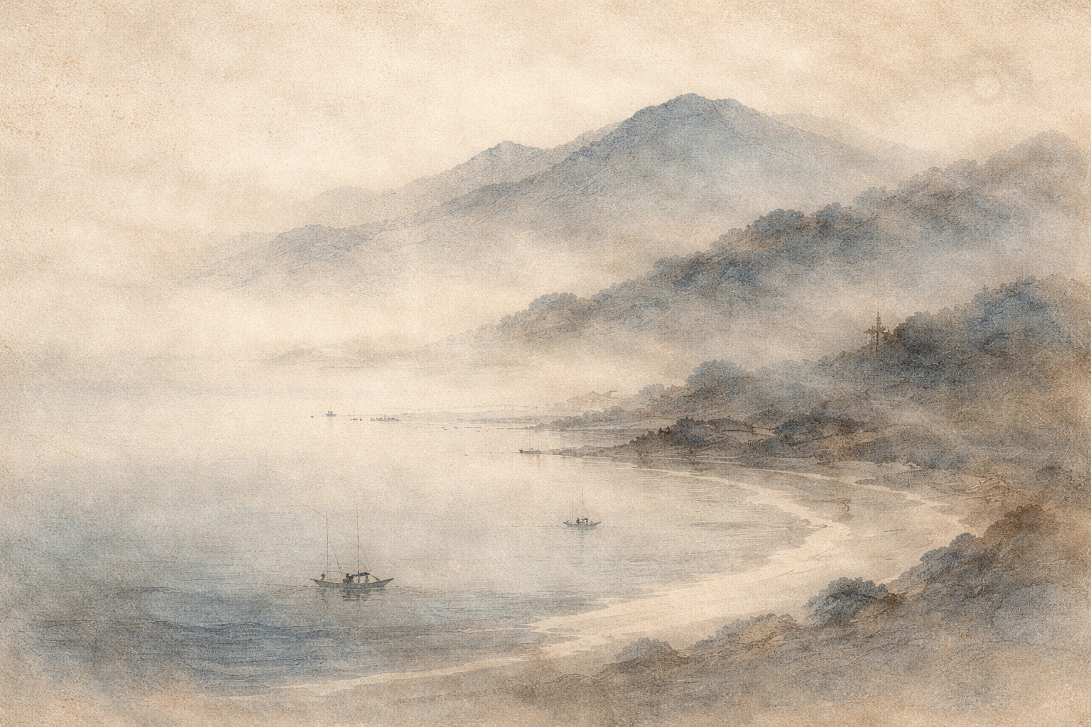 Misty coastal landscape in soft watercolor tones, with gentle mountains fading into the distance and small boats resting on calm water, evoking openness, clarity, and the Dzogchen sense of natural awareness.