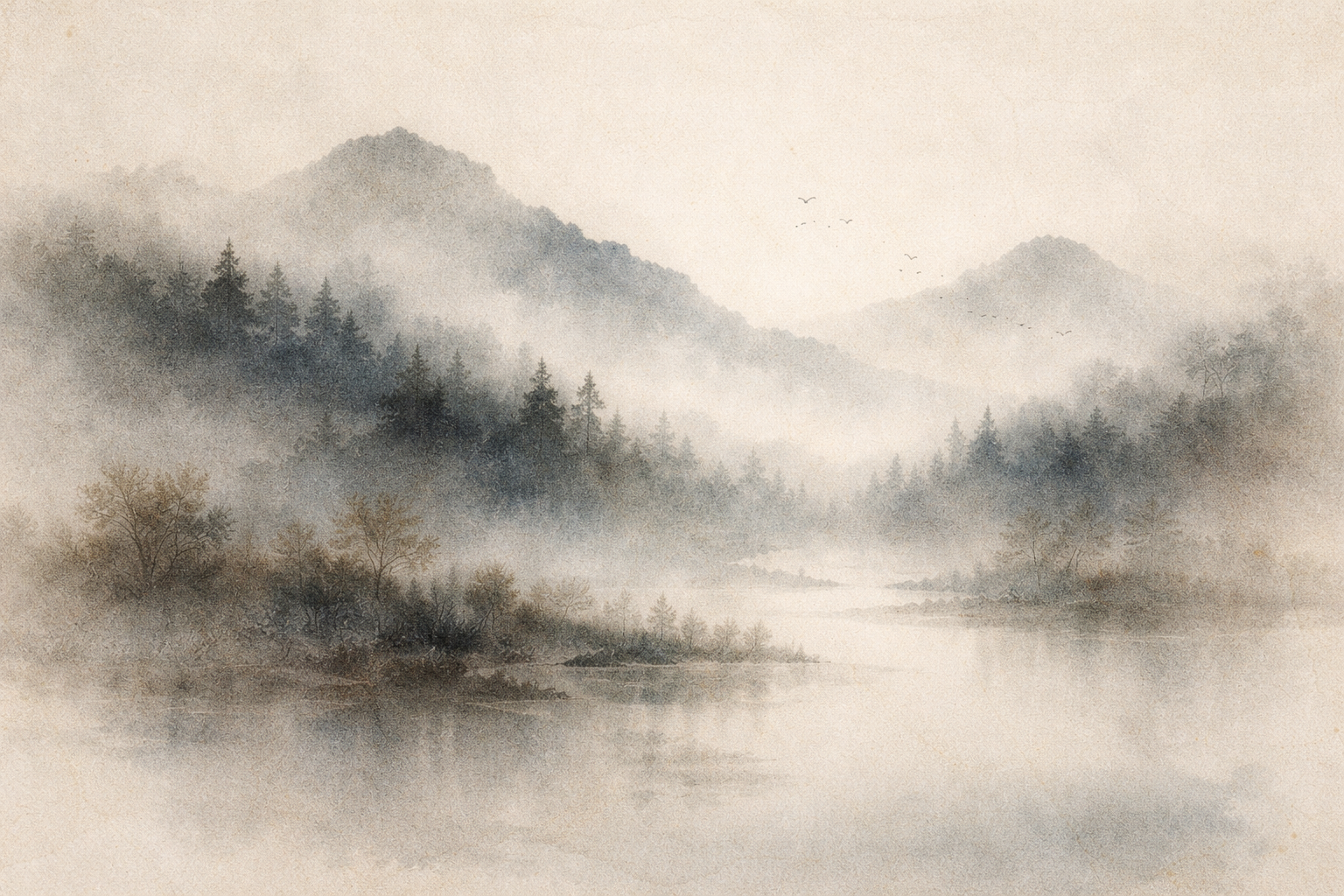 霧に溶け込む山々と森、静かな水面を描いた水彩風の風景。すべてのものに固定的な実体がないこと、相互依存によって成り立つという仏教の「空（しゅうにゃた）」の思想を象徴している。