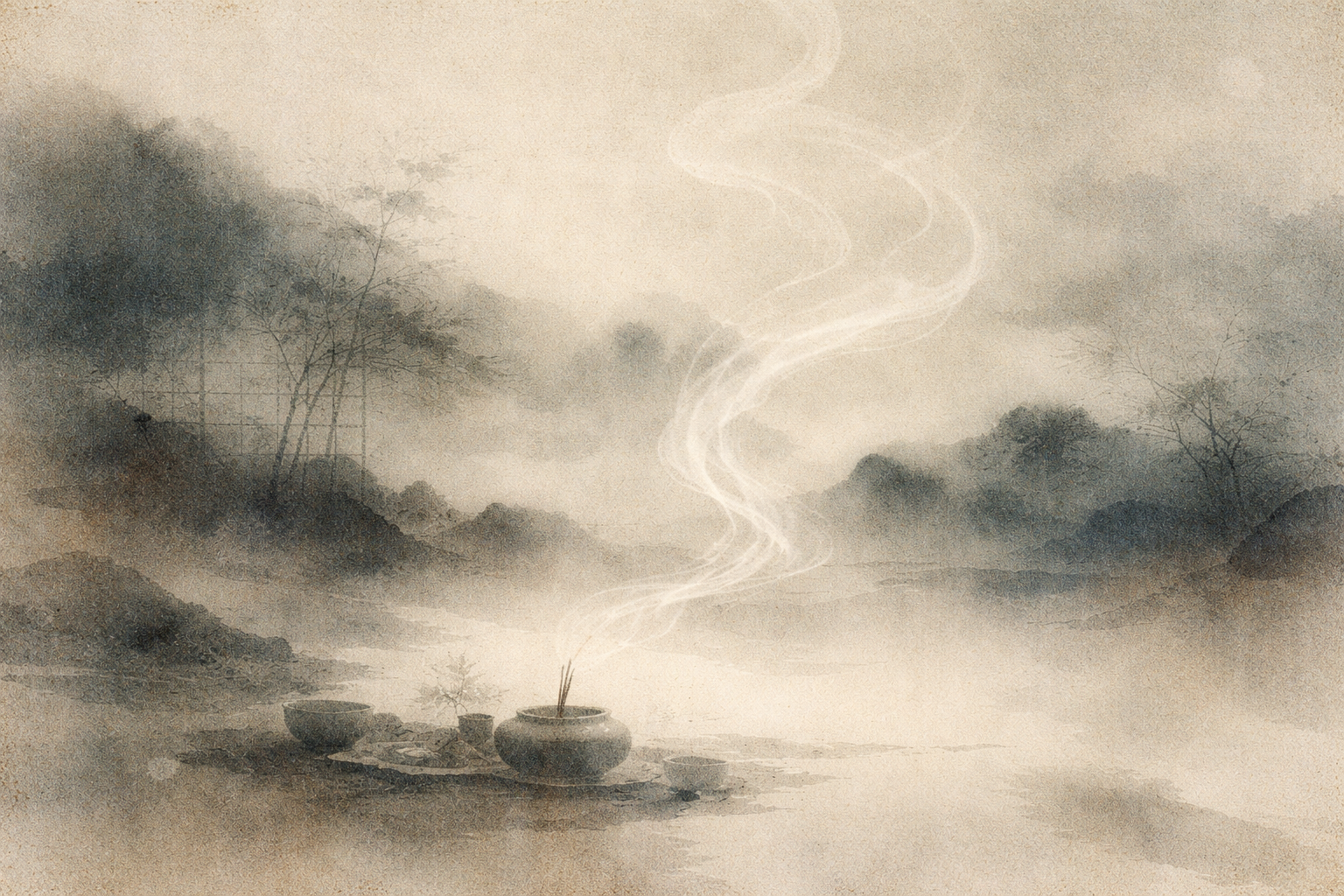 Minimalist watercolor scene with an incense burner releasing a gentle stream of smoke into a misty landscape, symbolizing enlightenment in Buddhism—awakening, inner clarity, and the quiet realization of truth.