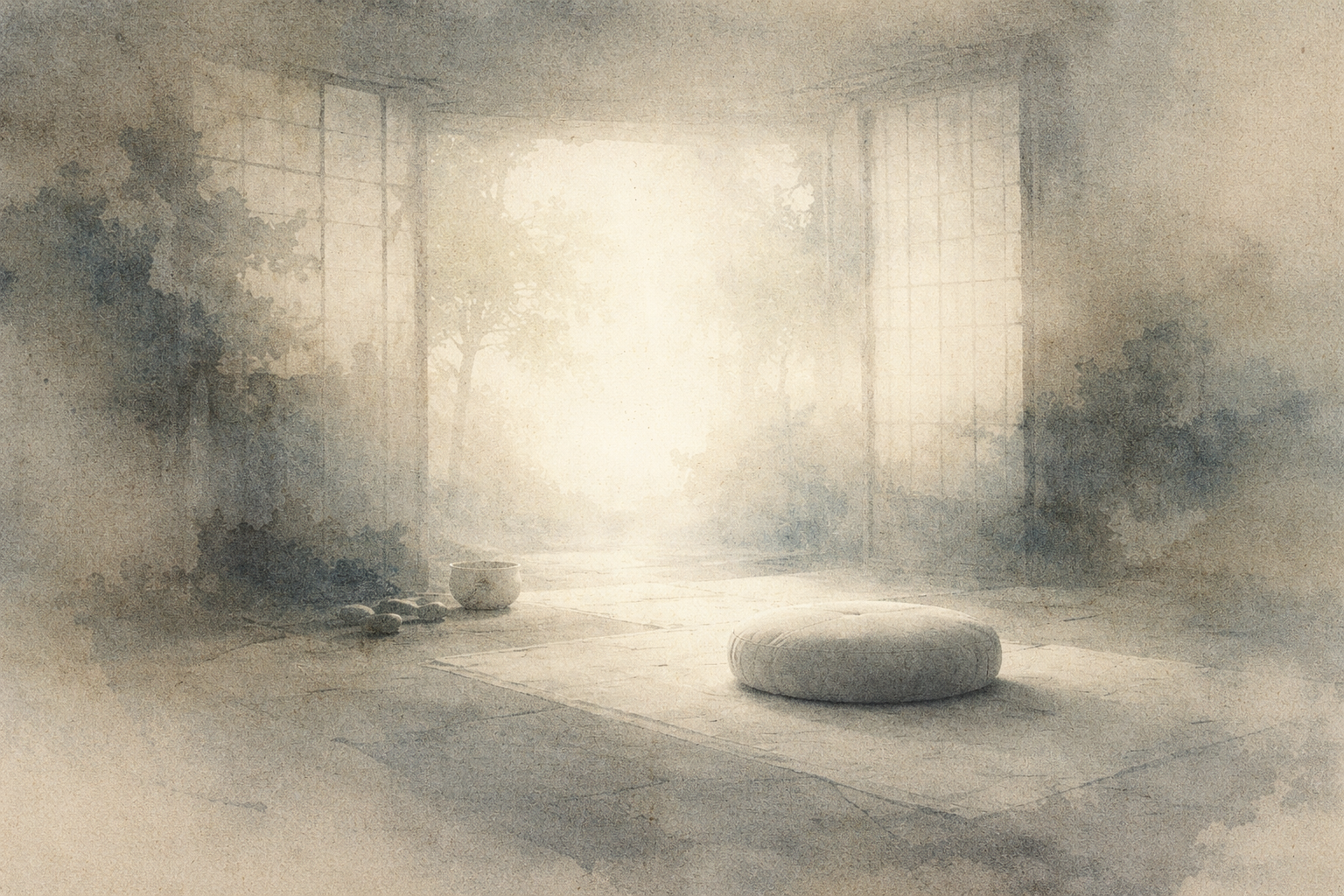 柔らかな光に包まれた静かな瞑想空間。床には丸い座布がひとつ置かれ、部屋全体を淡い霧が満たしている。この調和のとれた静寂な雰囲気は、密教（ヴァジュラヤーナ仏教）における**五仏（五仏家族）**を象徴している。五仏家族とは、悟りの心がもつ五つの智慧の側面を表し、人間の感情が智慧へと転じる過程を示す教えである。