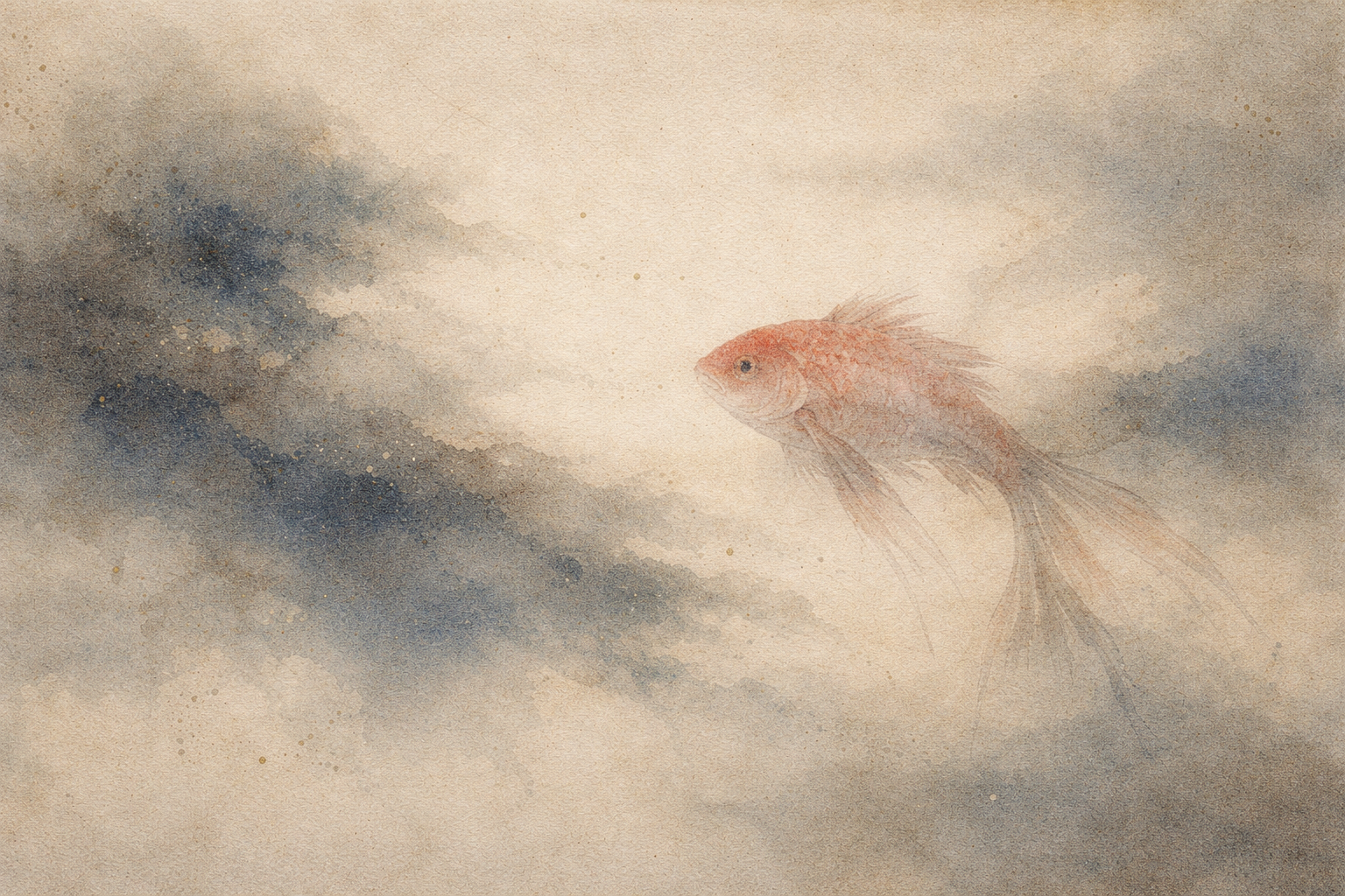 霧の中を静かに泳ぐ一匹の魚を描いた水彩画風のイラスト。仏教の五戒（五つの道徳的戒め）、倫理的な生き方、マインドフルネス、そして行いへのやさしい気づきを象徴している。