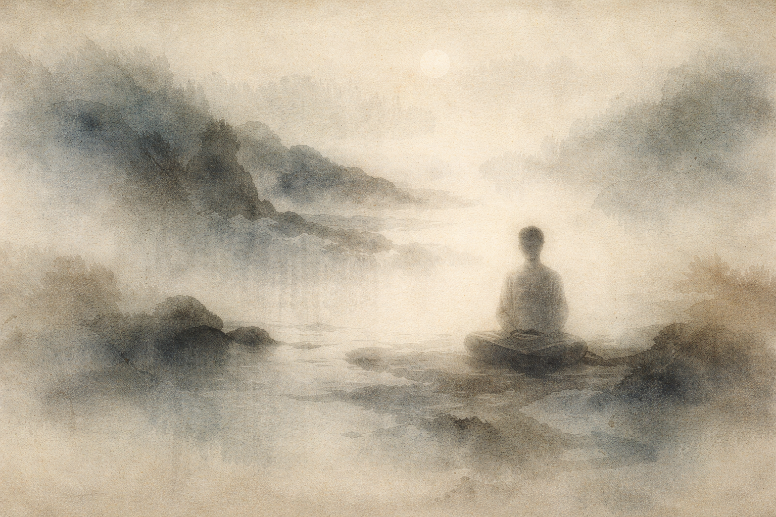 静かな水辺で一人が坐禅する姿を描いた、水彩調の穏やかな情景。霧に包まれた岩や遠くの丘が静寂を強調し、仏教の五戒が示す「慎み」「気づき」「調和のある生き方」を象徴している。