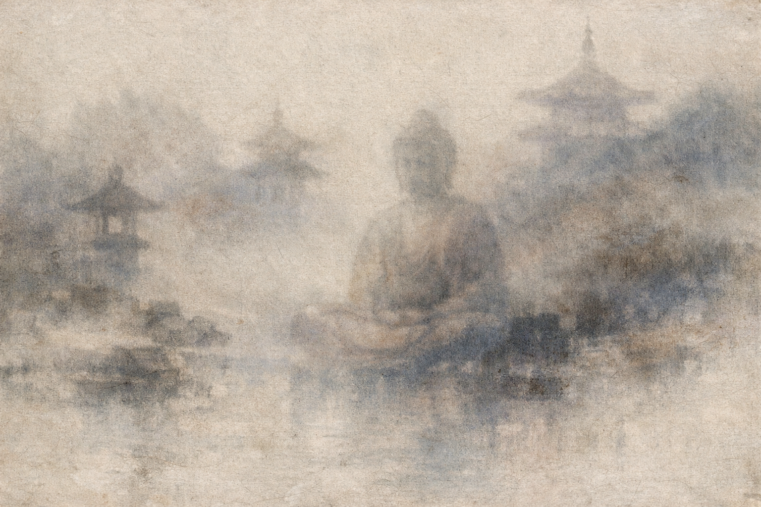 A misty watercolor-style scene showing a seated Buddha figure with pagodas and temple silhouettes in the background, representing the diverse forms and traditions of Buddhism.