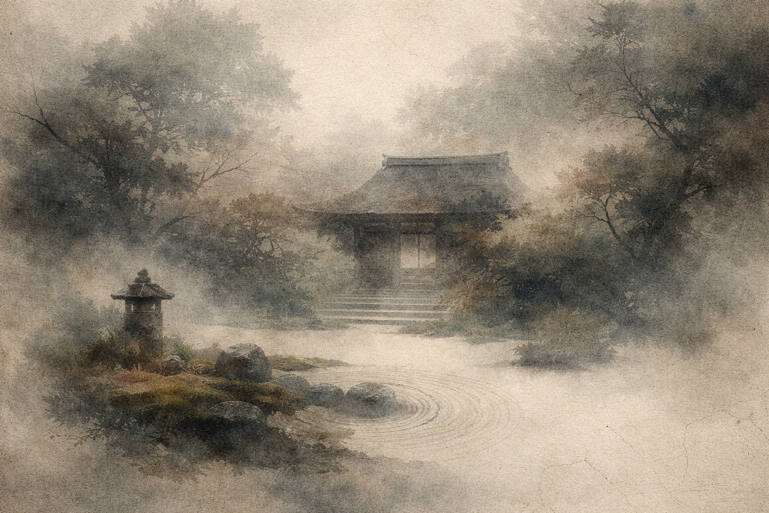 Soft watercolor-style scene of a quiet temple garden surrounded by mist and trees, with a stone lantern and rippling water, symbolizing the Four Divine Abodes—loving-kindness, compassion, empathetic joy, and equanimity.