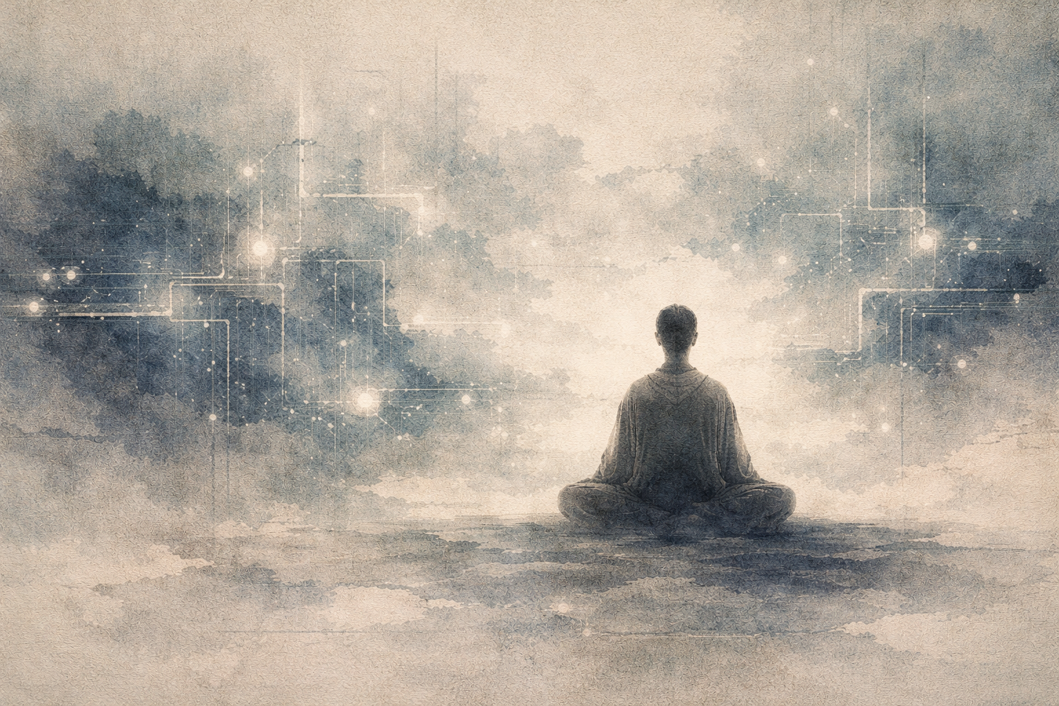 A meditative figure sits cross-legged in a misty, watercolor-style space. Soft beige and blue tones surround the person, while faint, glowing circuit-like patterns float in the background, suggesting a blend of inner calm and modern digital awareness.