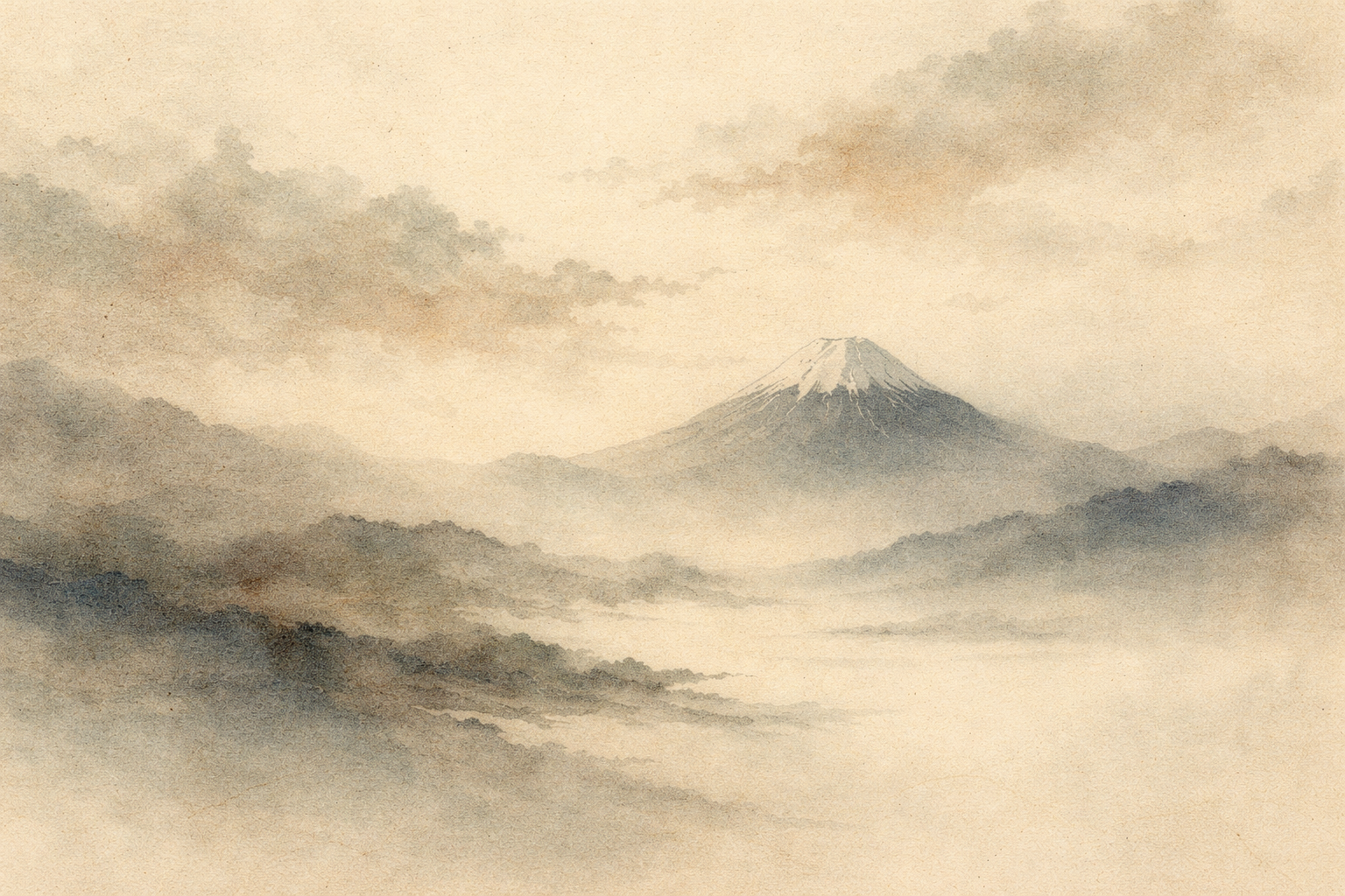 霧の中から神聖な山が浮かび上がる静かな水彩風の風景。仏陀を神としてではなく、智慧と慈悲、そして悟りへの道を象徴する目覚めた存在として表している。