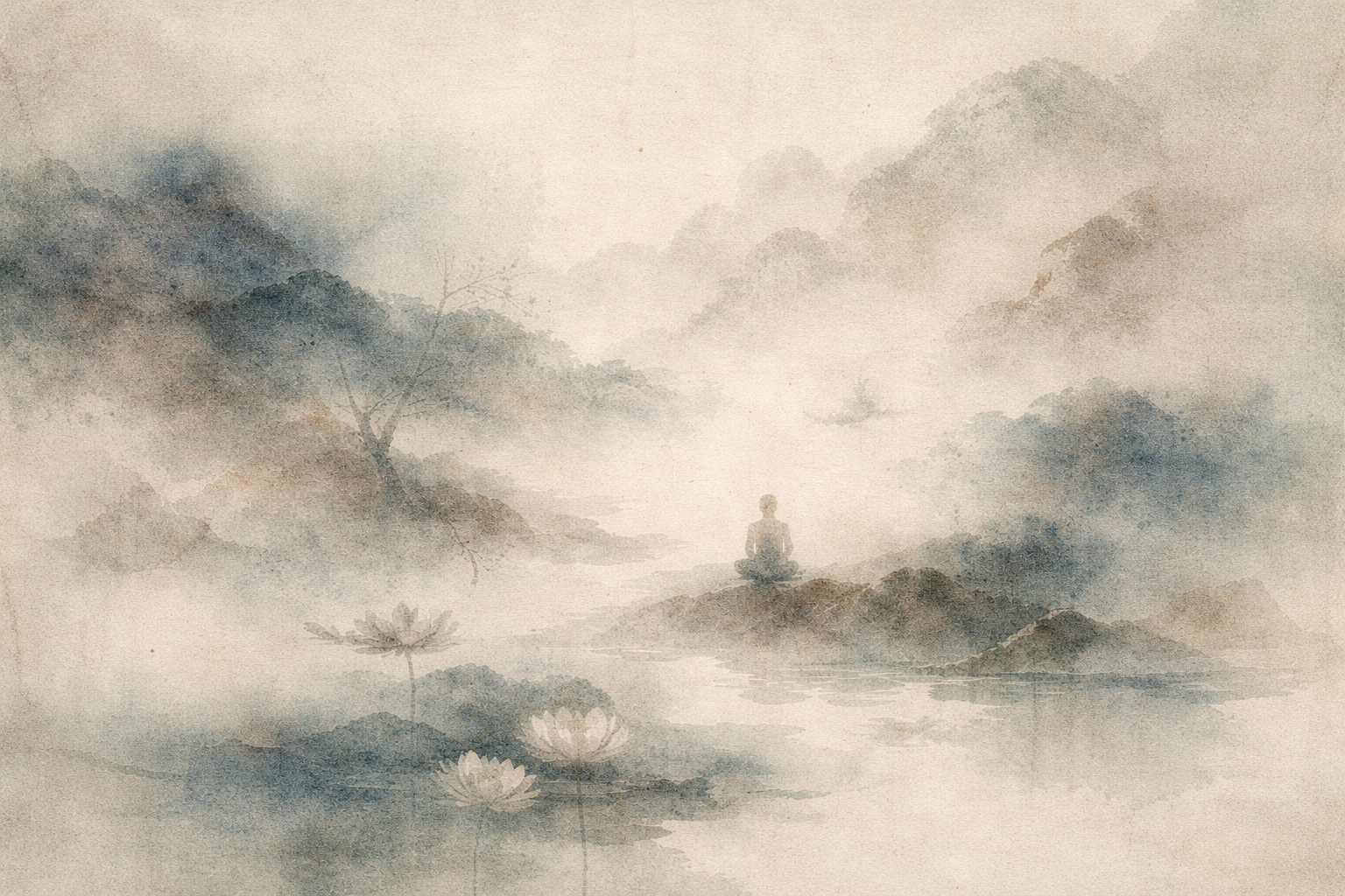 A calm, watercolor-style landscape showing a person meditating beside a still body of water. Soft mist surrounds distant mountains, while lotus flowers float gently in the foreground, creating a peaceful and mindful atmosphere.