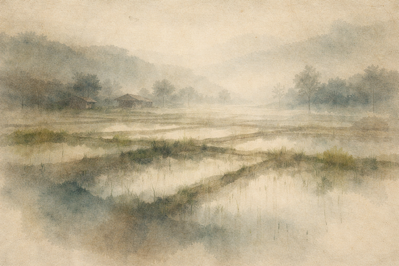A tranquil watercolor landscape of misty rice fields at dawn, with soft reflections in shallow water, distant trees, and simple huts fading into the haze. The gentle greens and calm atmosphere evoke Green Tara—symbolizing compassionate action, swift protection, and nurturing presence that supports beings on their path.