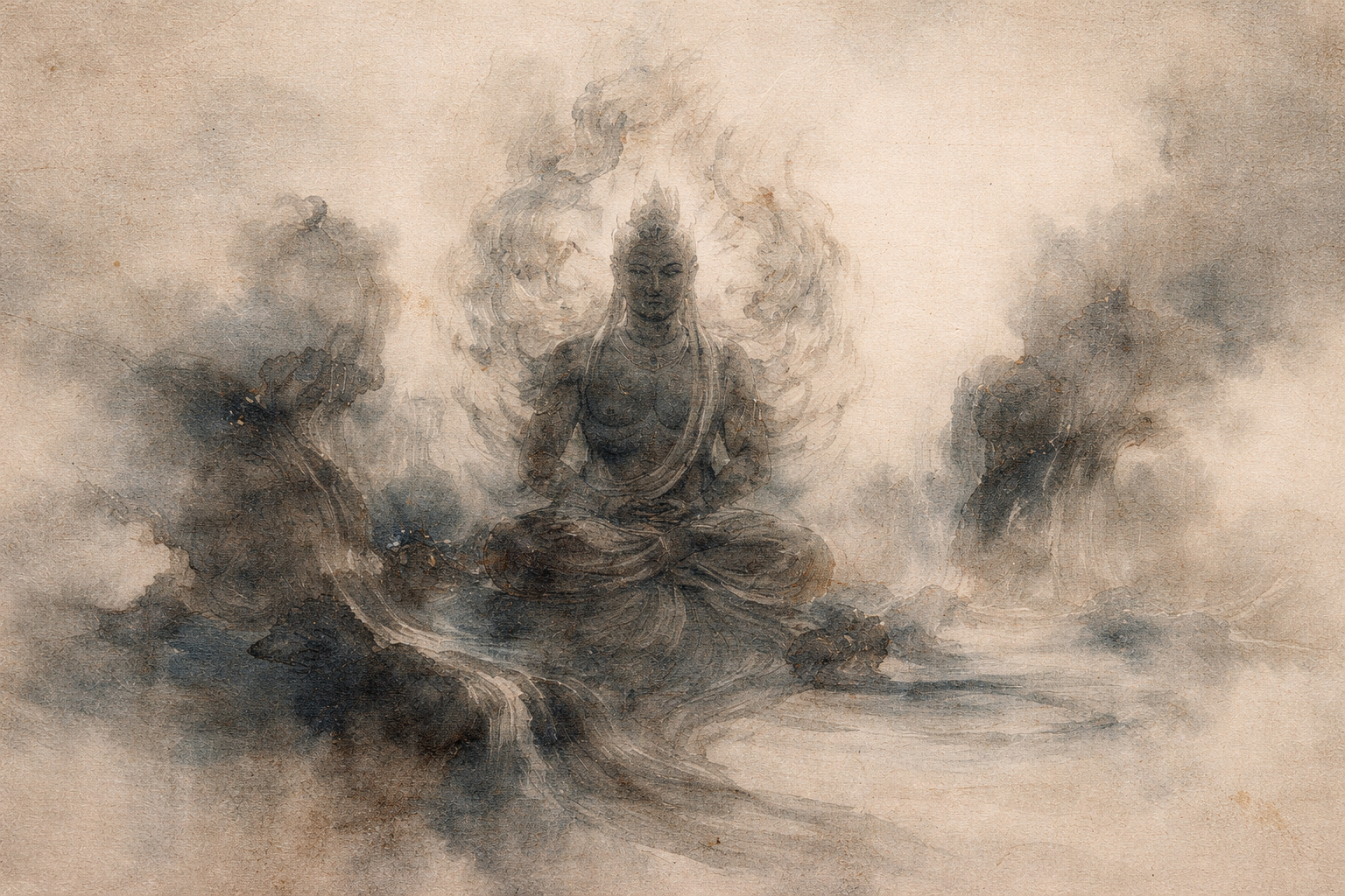 A serene watercolor-style illustration of a meditative figure seated in stillness, surrounded by flowing mist and soft light, symbolizing calm guidance, inner focus, and mindfulness—ideal for a guided meditation app.