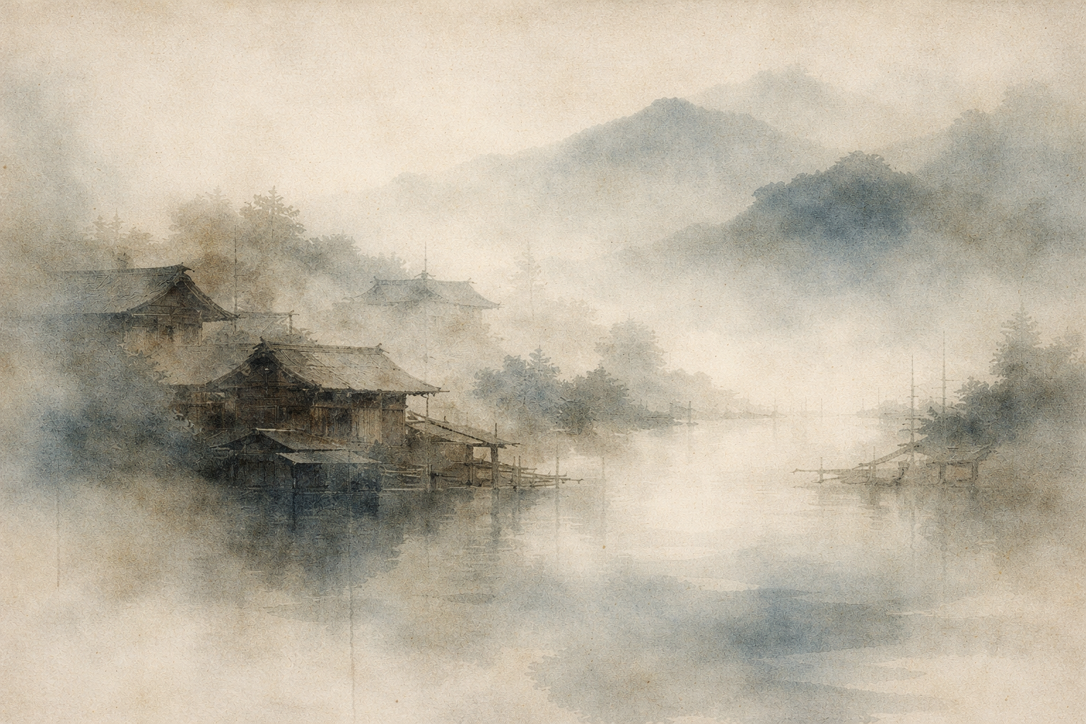 A misty watercolor-style scene of quiet wooden houses and boats fading into fog along a river, symbolizing impermanence (anicca) in Buddhism and the gentle passing nature of all things.