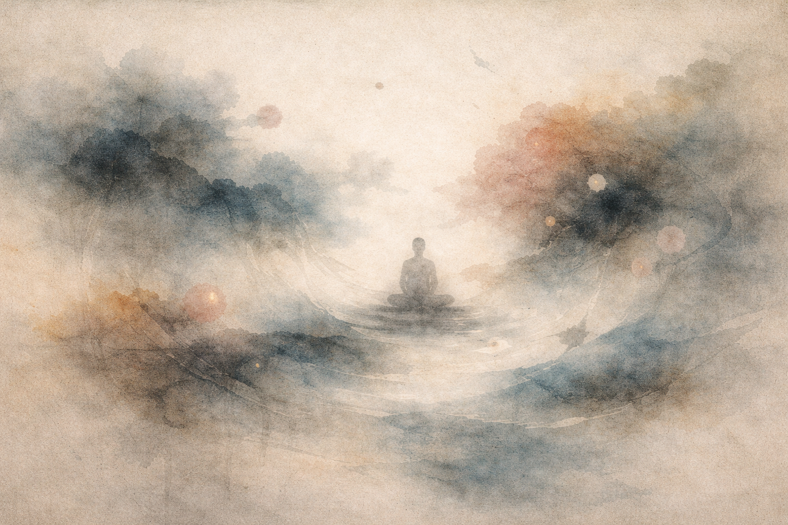 An abstract watercolor illustration of a meditating figure seated at the center of swirling mist and soft light, symbolizing deep concentration, absorption, and the Buddhist meditative state of jhāna.