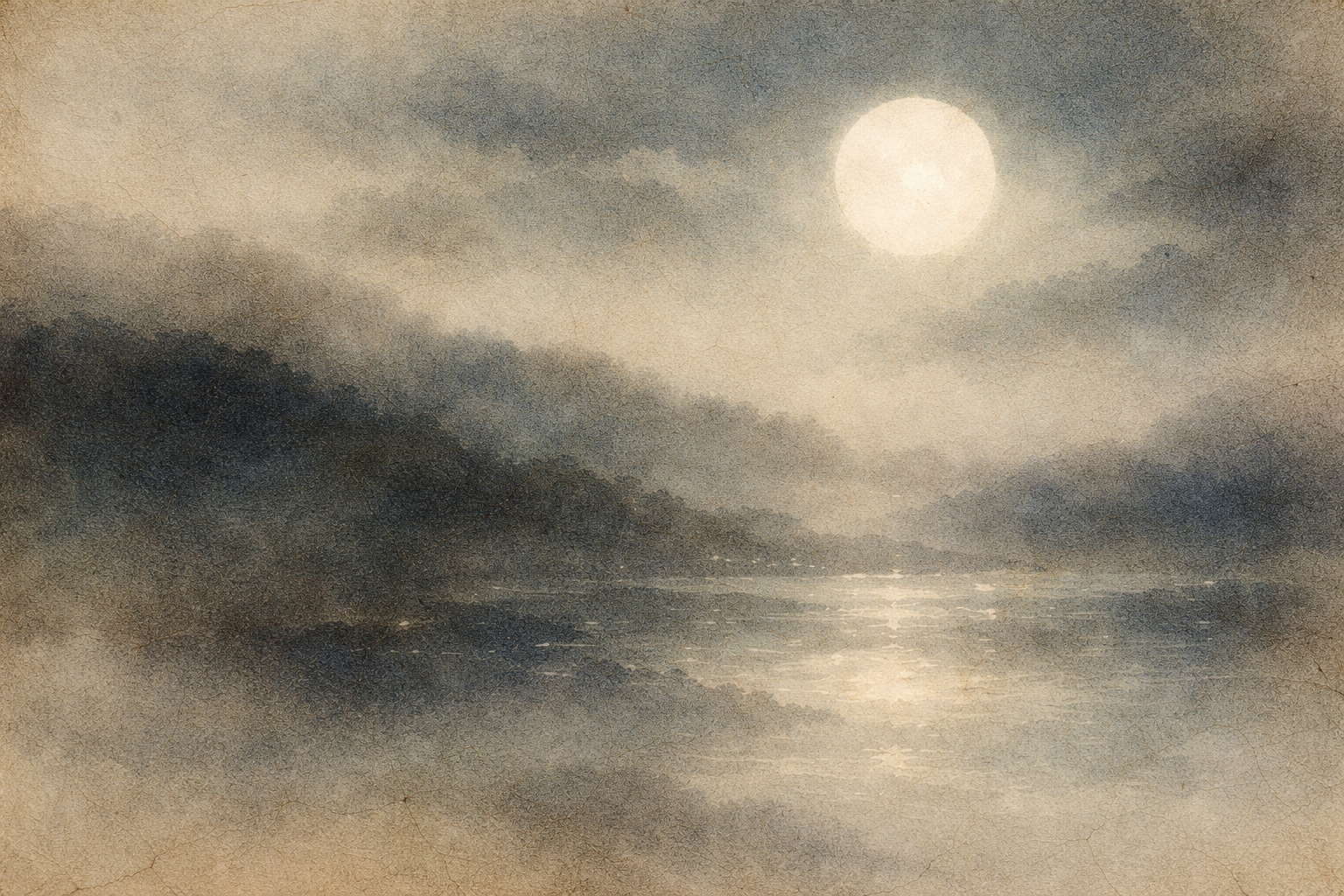 霧に包まれた水面と重なり合う山々に満月が映る、水彩画風の静かな風景。仏教におけるカルマ（因果）、無常、そして行いが時間を超えて続いていく静かな流れを象徴している。