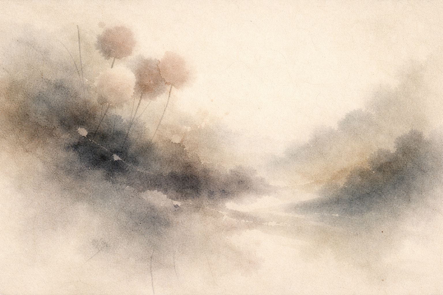 A soft watercolor landscape with gentle mist and delicate flowers, symbolizing a calm and approachable learning journey through a Buddhism app designed for beginners seeking mindfulness, wisdom, and inner clarity.