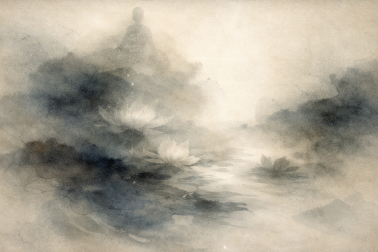 A soft, watercolor-style scene of lotus flowers floating on still water, partially veiled by mist. In the background, a faint, serene figure emerges through the haze, symbolizing purity, awakening, and spiritual growth in Buddhism.