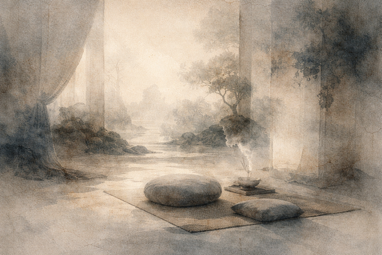A tranquil, watercolor-style meditation space with soft beige and gray tones. A round floor cushion and a small square cushion rest on a woven mat beside a gently smoking incense burner, while misty trees and rocks fade into the background, creating a calm, contemplative atmosphere.