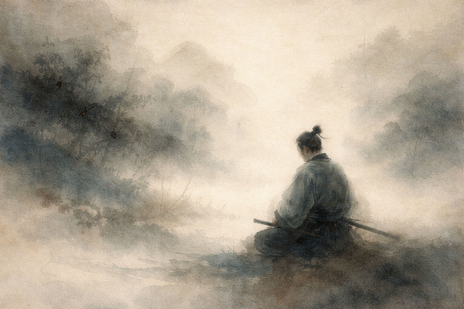 A calm watercolor-style illustration of a person seated in quiet meditation, surrounded by mist and trees, evoking focus, simplicity, and inner stillness—an image suited to meditation apps for beginners.