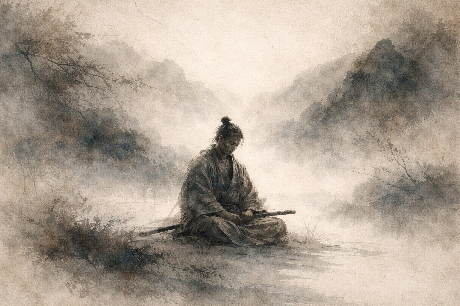 A calm watercolor-style illustration of a person seated in meditation in a misty forest, symbolizing free meditation apps, inner stillness, mindfulness, and accessible mental well-being.