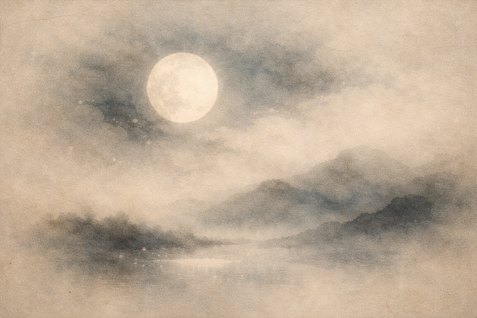 A calm, minimalist watercolor scene with a full moon glowing through soft clouds above a misty lake and distant mountains. The tranquil atmosphere symbolizes balance, emotional clarity, and gentle support—reflecting the purpose of a mental health app designed to help users find calm, awareness, and inner stability.