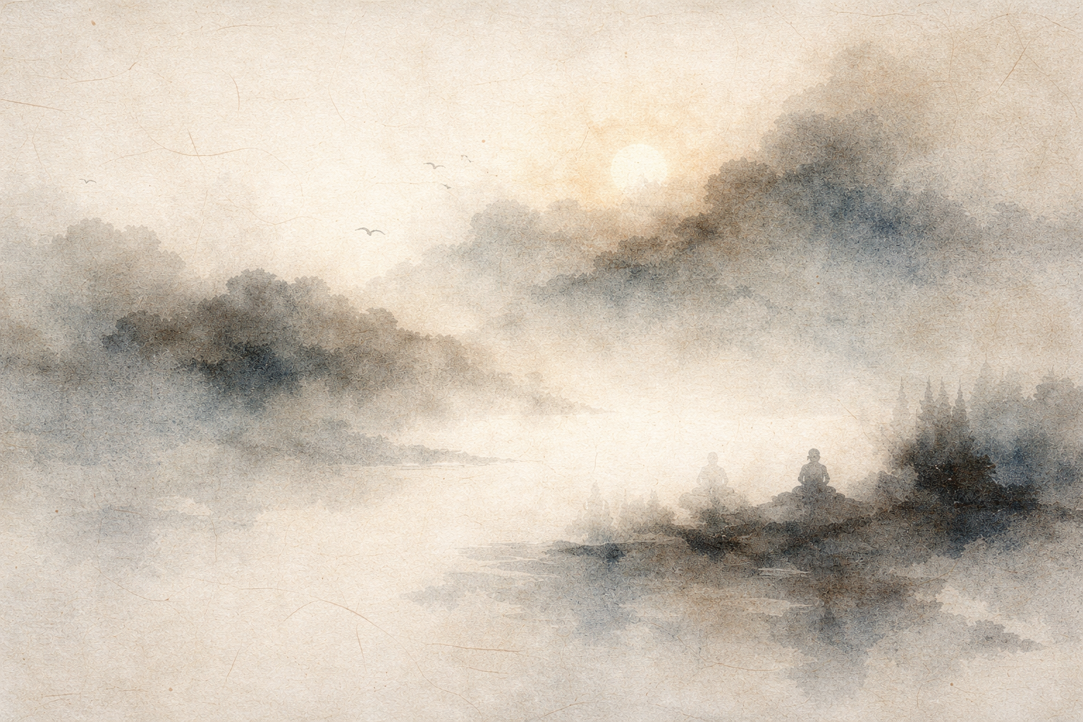 やわらかな霧に包まれた山々と、朝の光を映す静かな水辺を描いた水彩調の風景。岸辺に静かに座る小さな人物の姿は、仏教におけるメッタ（慈・慈しみの心）――すべての存在の安らぎと幸福を願う、限りない慈愛と善意――を表している。