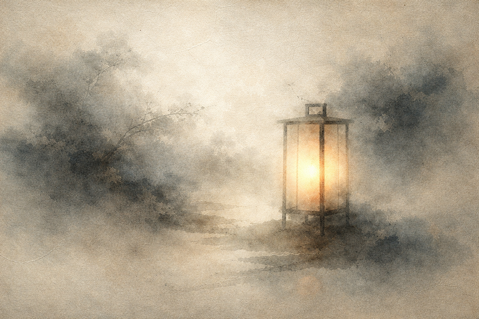 霧の中に静かに灯るひとつの灯籠を描いた、ミニマルな水彩画風の風景。今この瞬間へのやさしい気づき、集中、そして心の静けさとしてのマインドフルネスを象徴している。