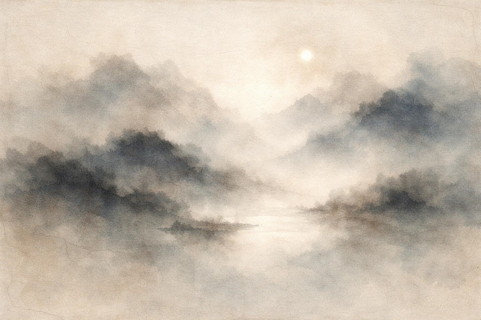 霧に包まれた山々とやわらかな地平線を描いたミニマルな水彩風の風景。智慧と慈悲、悟りへと導く仏教の六波羅蜜（パーラミター）を想起させる。