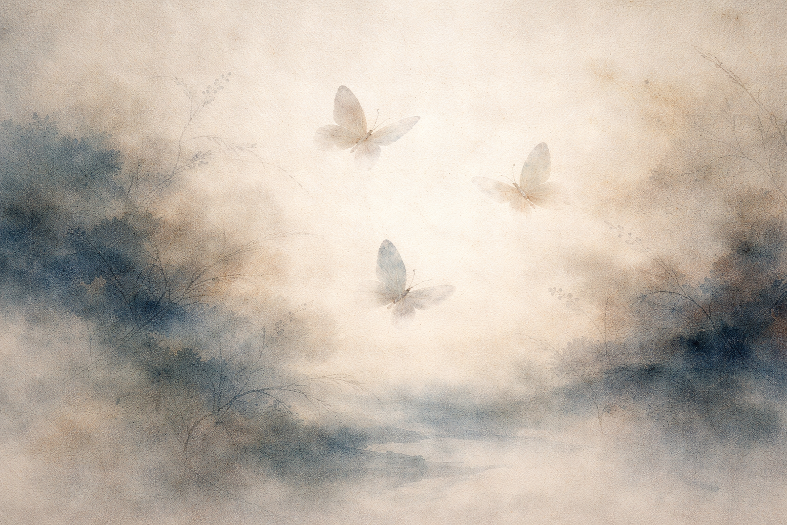 霧に包まれた光と影の中を舞う淡い蝶を描いた水彩画風のイラスト。仏教における輪廻（再生）、意識の連続性、無常、そして存在が静かに移ろっていく過程を象徴している。