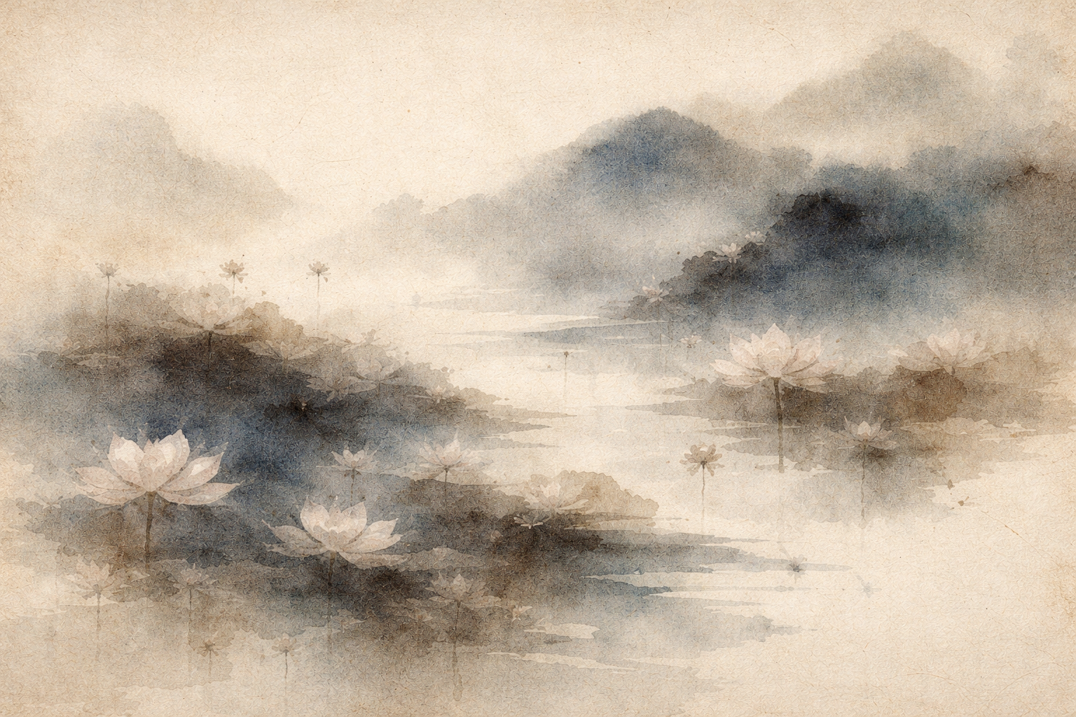 A soft watercolor-style landscape with misty mountains, calm water, and blooming lotus flowers, evoking stillness, balance, and the meditative state known as samadhi.