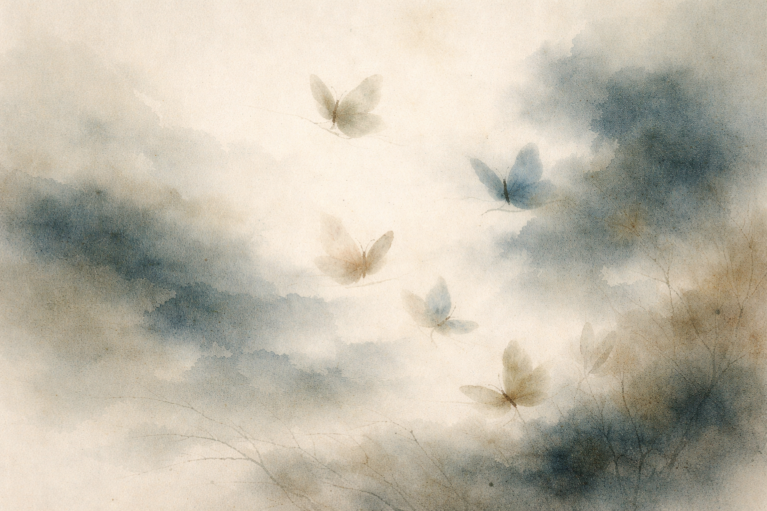 A soft watercolor illustration of butterflies drifting through misty air, symbolizing samsara in Buddhism—the continuous cycle of birth, death, and rebirth marked by impermanence, transformation, and gentle motion.