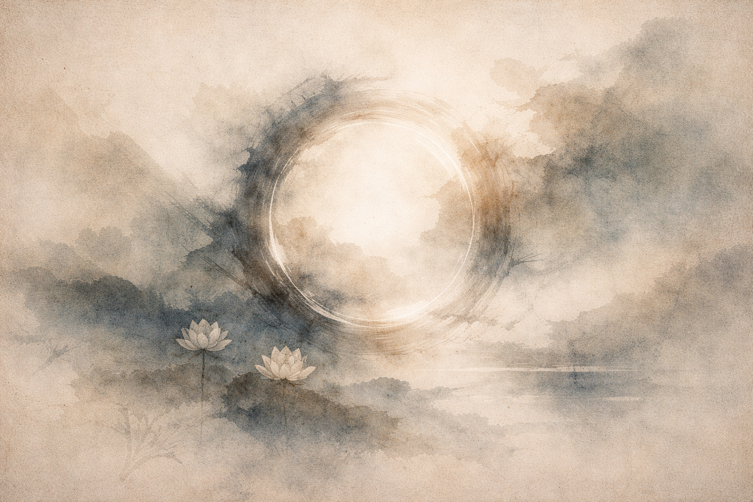 A soft watercolor-style image of an abstract circular form emerging from mist, with lotus flowers and water, symbolizing samsara—the endless cycle of birth, death, and rebirth in Buddhism.