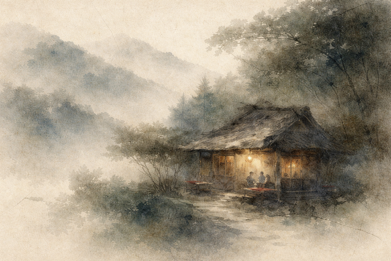 霧と山々に囲まれた中で、灯りのともる小さな家と中に集う人々を描いた水彩風の風景。生と死、執着と再生が繰り返される仏教の「輪廻（サンサーラ）」を象徴している。