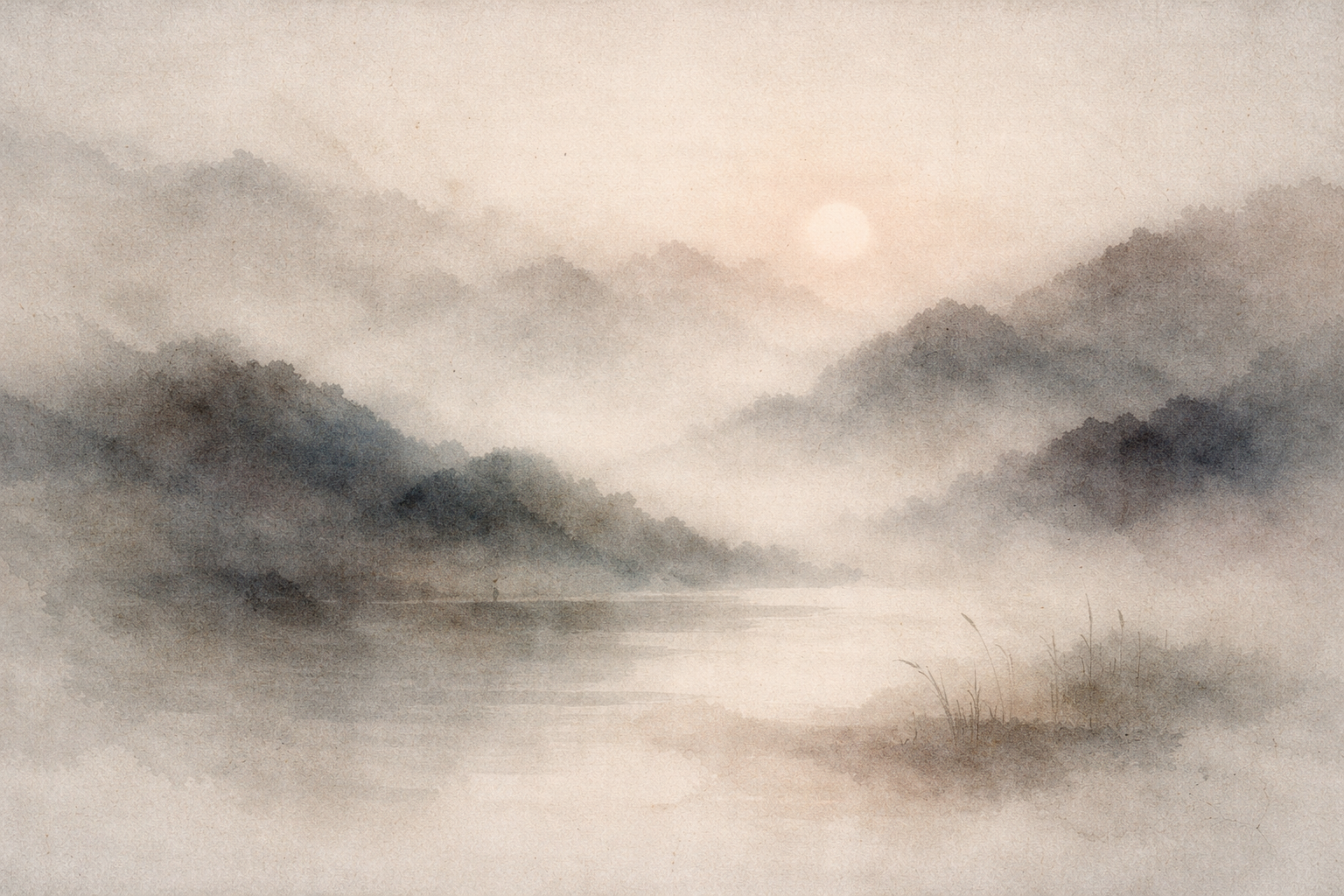 A quiet, watercolor-style landscape of mist-covered mountains reflected in still water under a pale rising sun. Soft beige and gray-blue tones evoke impermanence, contemplation, and the Buddhist understanding of suffering as a gentle invitation toward insight and release.