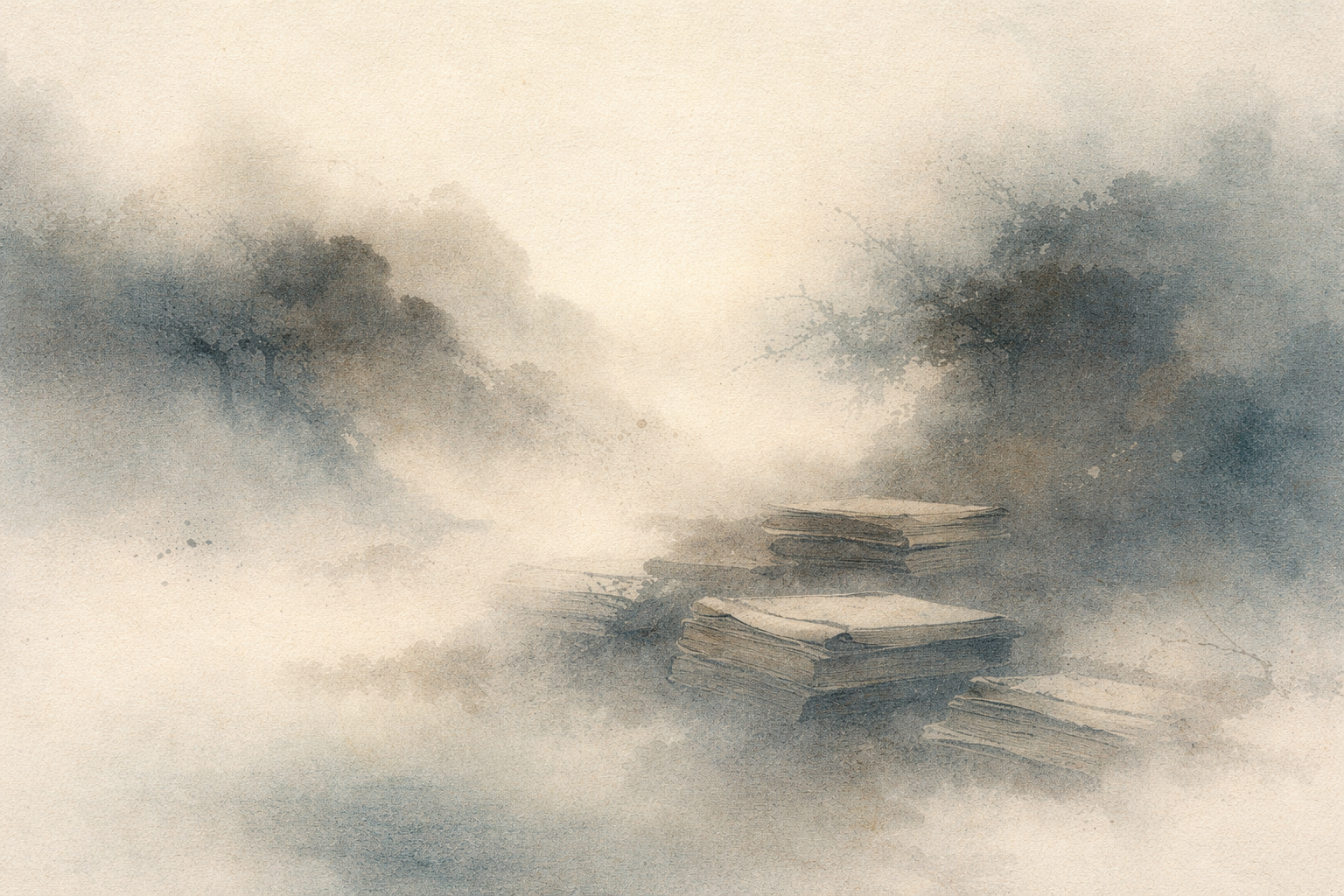 淡いベージュと青で描かれた、水墨画のような霧に包まれた風景。手前には、経典や古文書を思わせる紙の束が静かに積まれ、背景には木々の影が霞の中に溶け込んでいる。