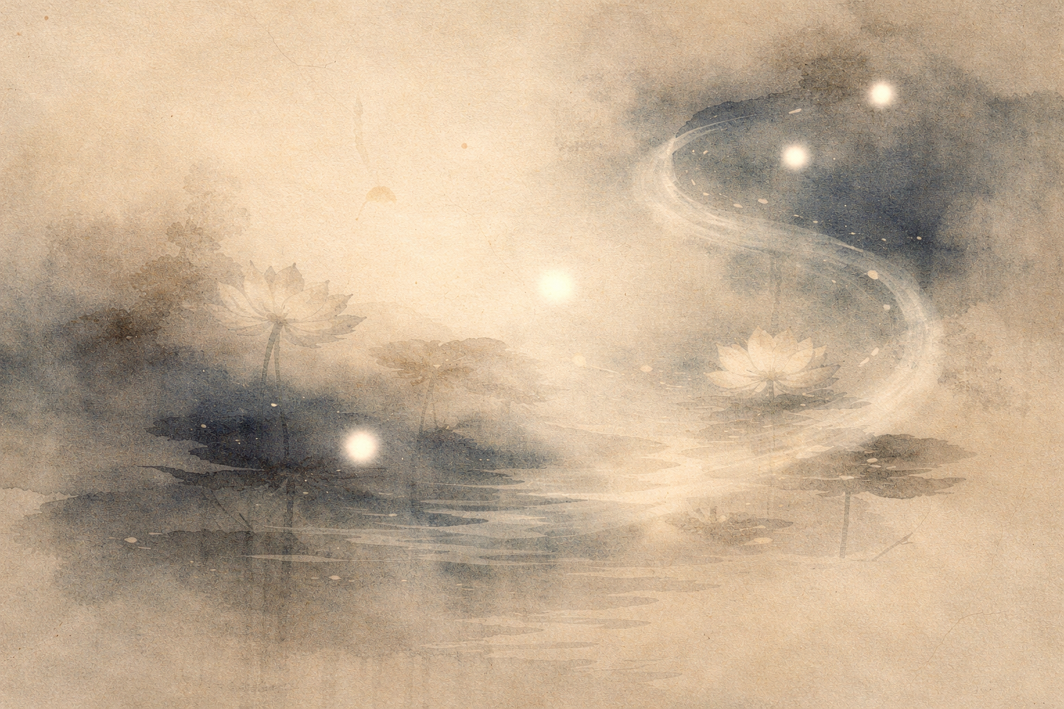 An ethereal watercolor-style scene with soft mist, lotus flowers floating on calm water, and gentle glowing lights. A winding, luminous path suggests the presence of Tara Bodhisattva—symbolizing compassion, swift protection, and enlightened activity—within a serene, contemplative atmosphere.