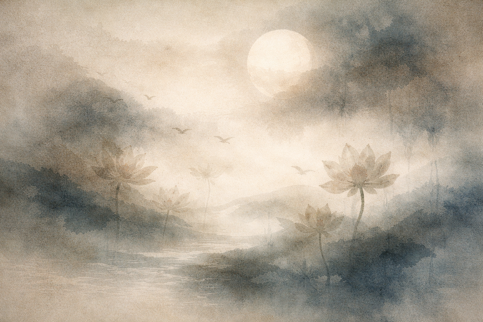 A serene, watercolor-style scene of a misty landscape at dawn. Soft beige and blue tones depict lotus flowers rising from calm water, distant hills fading into fog, birds gliding across the sky, and a pale sun glowing gently through the haze.