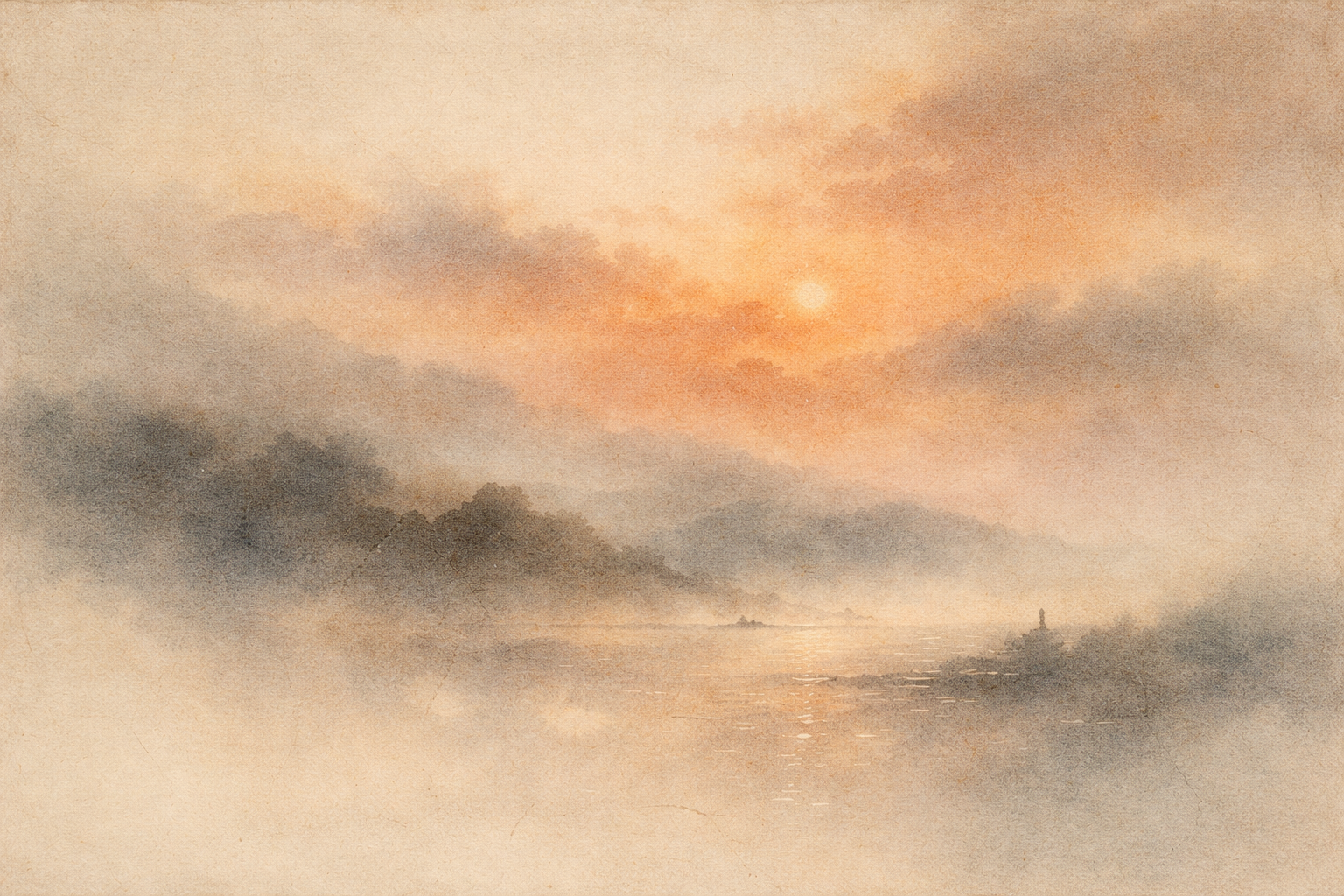 A serene watercolor landscape with layered mist, water, and light at sunrise, symbolizing the Five Skandhas in Buddhism—form, feeling, perception, mental formations, and consciousness—arising and dissolving as interdependent processes rather than a fixed self.