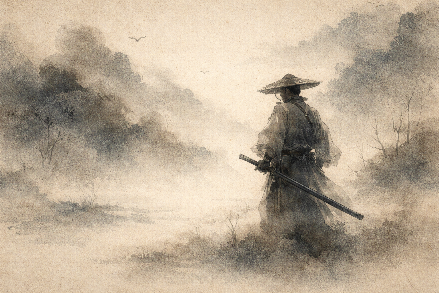 A misty, watercolor-style scene of a lone traveler in traditional robes and a straw hat, standing quietly on a fog-covered path with a sheathed sword at his side. The subdued, contemplative atmosphere reflects the Five Precepts of Buddhism—ethical guidelines emphasizing non-harm, honesty, restraint, mindfulness, and disciplined conduct on the path of awakening.