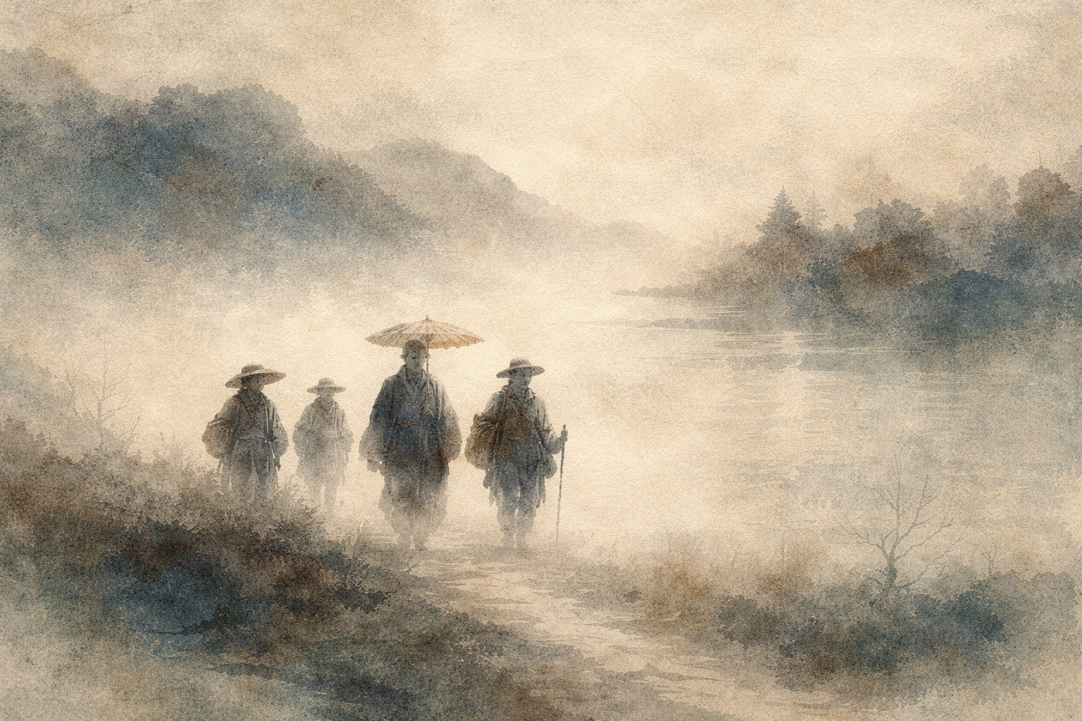 A serene watercolor-style landscape showing four Buddhist monks walking together along a misty path beside calm water, symbolizing the Four Noble Truths and the shared journey toward understanding suffering, its cause, its cessation, and the path to liberation.