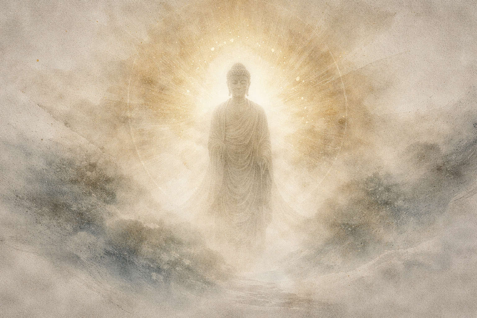 金色の光と柔らかな雲に包まれて立つ仏の姿を描いた、水彩調の幻想的な作品。穏やかな表情と後光のような輝きは、悟り・慈悲・覚醒した智慧を象徴しており、仏教におけるブッダは神ではなく、真理に目覚めた覚者・導き手であることを表している。