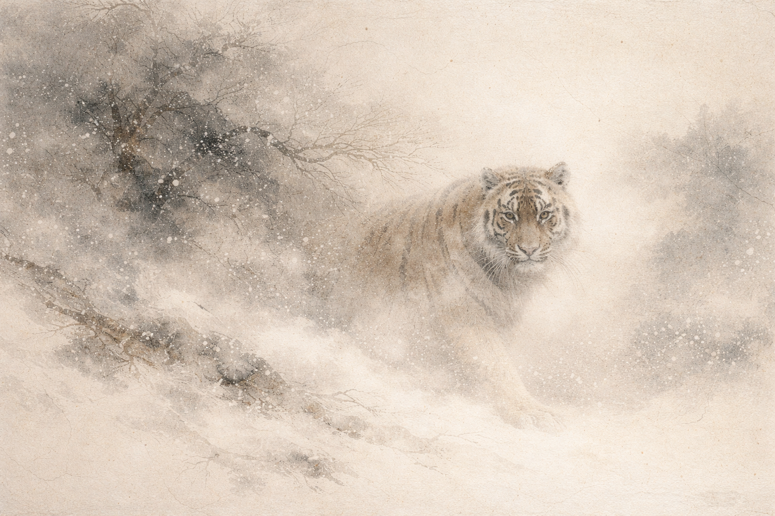 Soft watercolor illustration of a white tiger emerging from a snowy, mist-filled forest, symbolizing the Six Paramitas in Buddhism—strength balanced with compassion, patience, wisdom, and disciplined practice on the path to awakening.