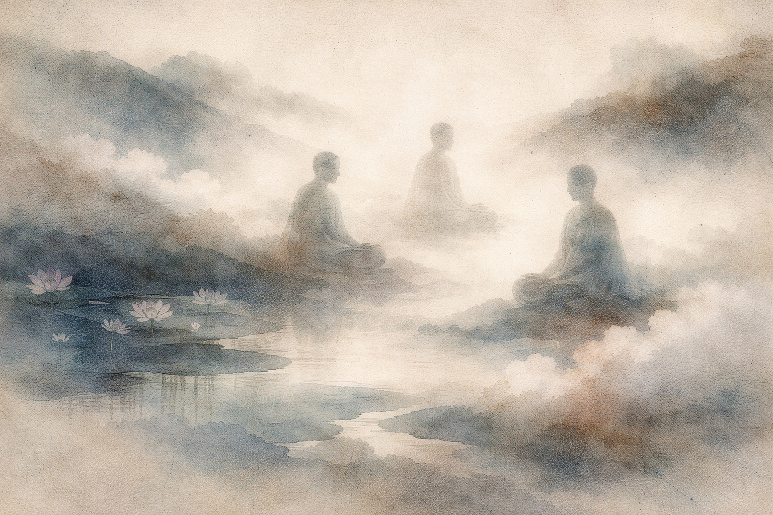 Watercolor-style illustration of three meditating figures seated in misty clouds, representing the Three Jewels of Buddhism—Buddha, Dharma, and Sangha—symbolizing awakening, teachings, and spiritual community.