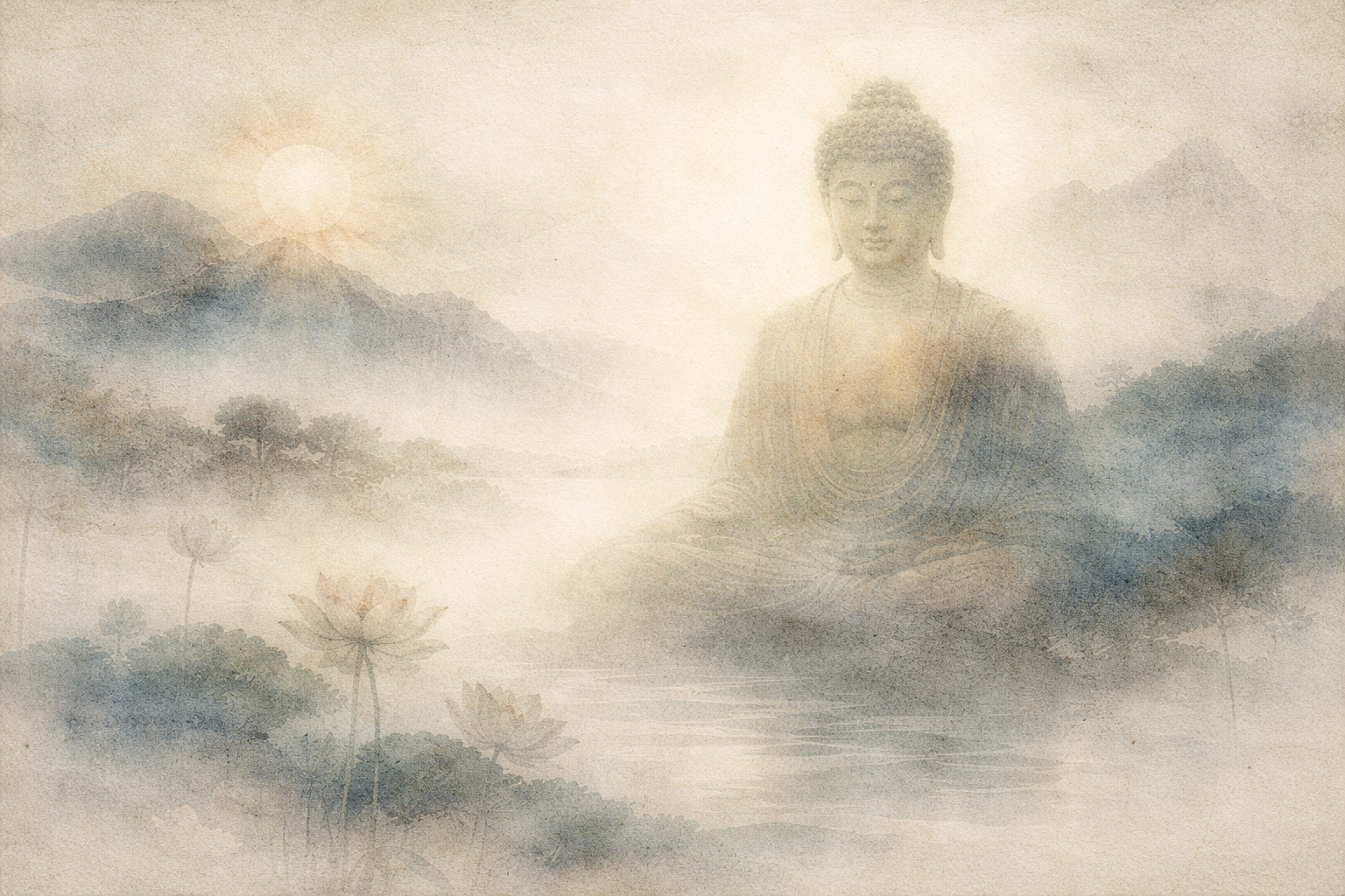 A soft, watercolor-style image of the Buddha seated in meditation, partially veiled by mist above calm water. Lotus flowers and distant mountains appear in gentle beige and blue tones, evoking awareness within dreams and the subtle clarity associated with Tibetan Dream Yoga.