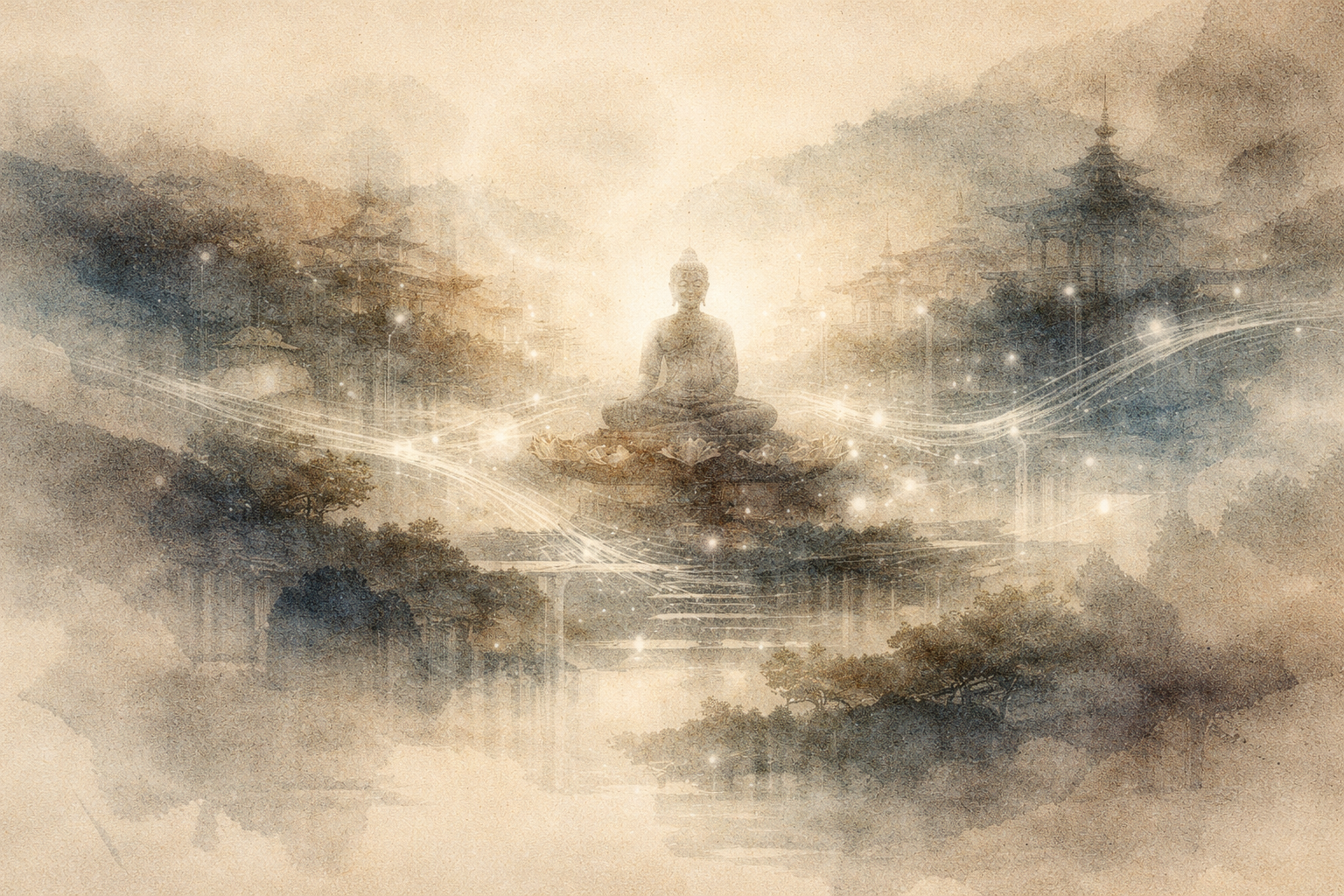 A serene watercolor-style scene of a meditating Buddha seated on a lotus pedestal, surrounded by misty mountains, temple silhouettes, and softly glowing lines of light. The calm atmosphere symbolizes inner balance, emotional healing, and the supportive role of mental health apps in guiding mindfulness and well-being.