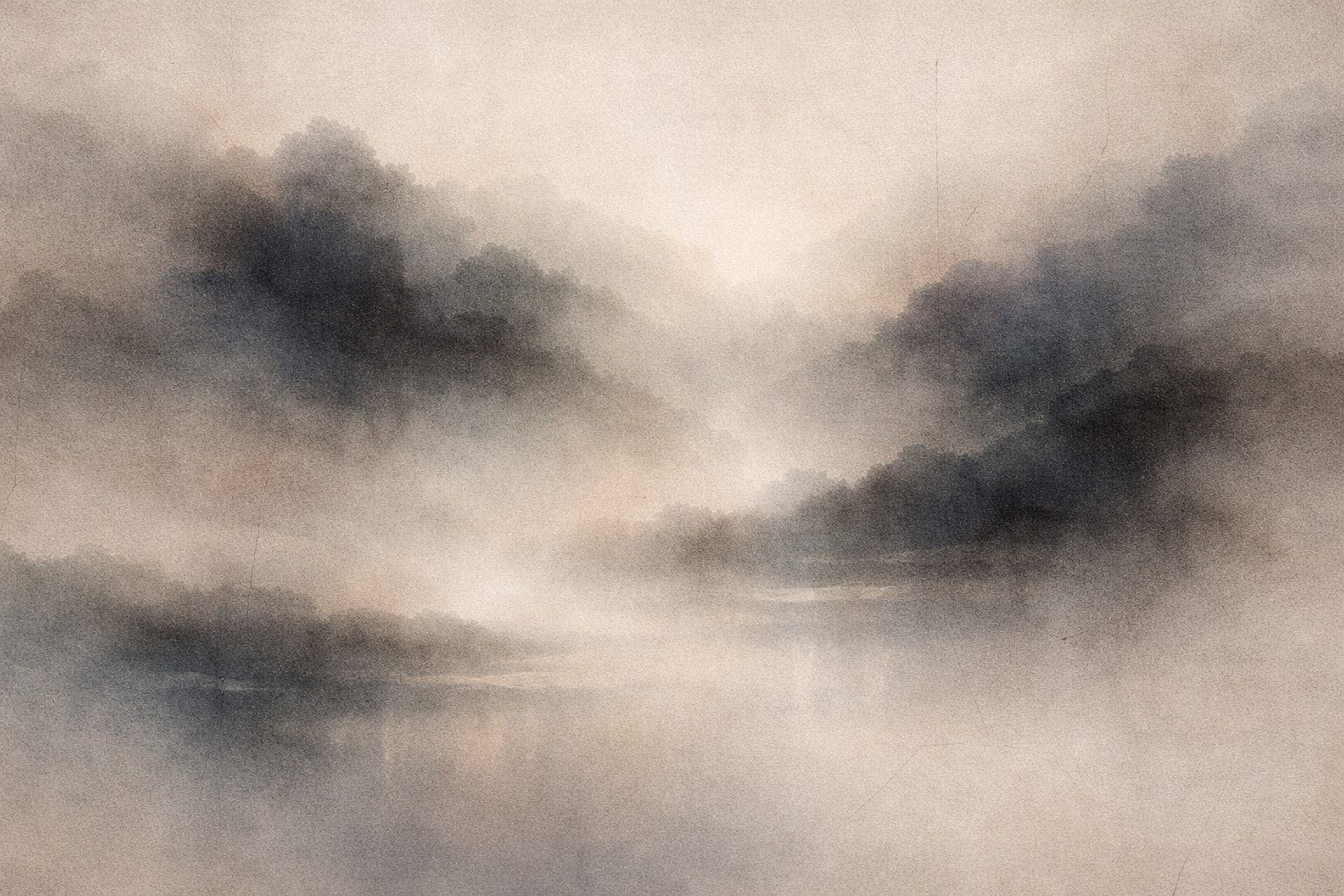 A tranquil watercolor landscape of layered mist and distant hills reflected on still water. The softly blended forms suggest the diversity of Buddhist traditions—different paths and expressions of Buddhism—united by a shared essence of wisdom, compassion, and awakening.