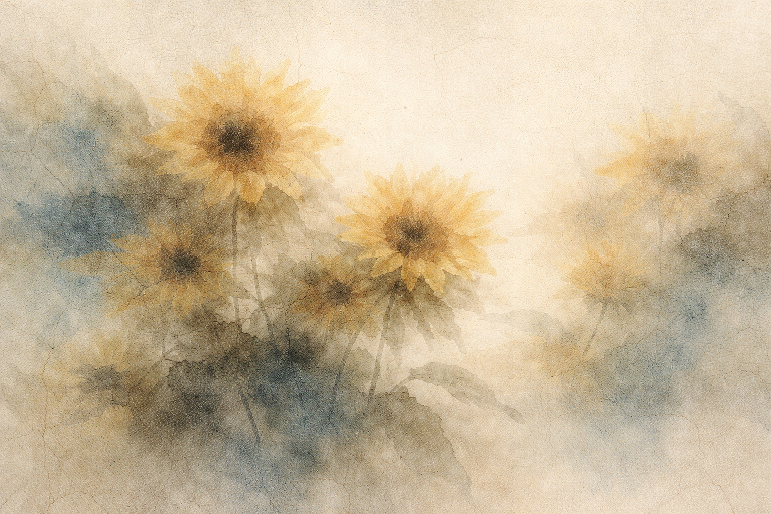 A soft watercolor illustration of sunflowers emerging through gentle mist, symbolizing the Three Jewels of Buddhism: the Buddha as awakening, the Dharma as truth and guidance, and the Sangha as the supportive community.