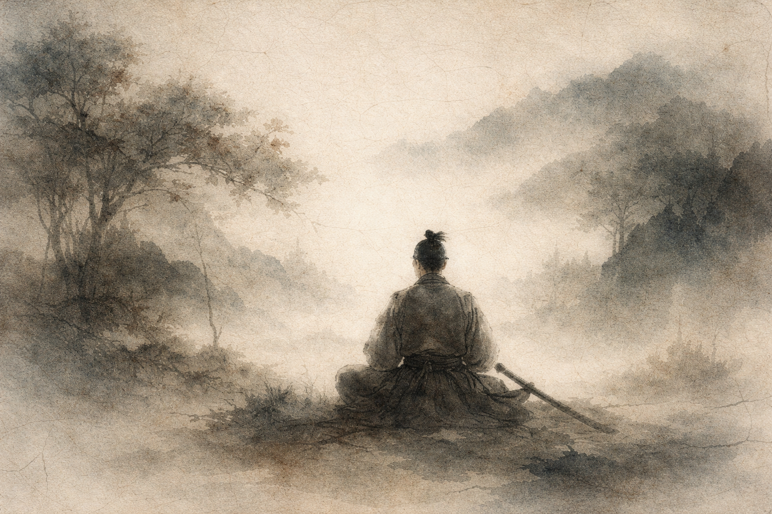 A calm watercolor-style illustration of a solitary figure seated in meditation facing a misty landscape, symbolizing the Five Precepts in Buddhism, ethical self-discipline, inner reflection, and a mindful way of living.
