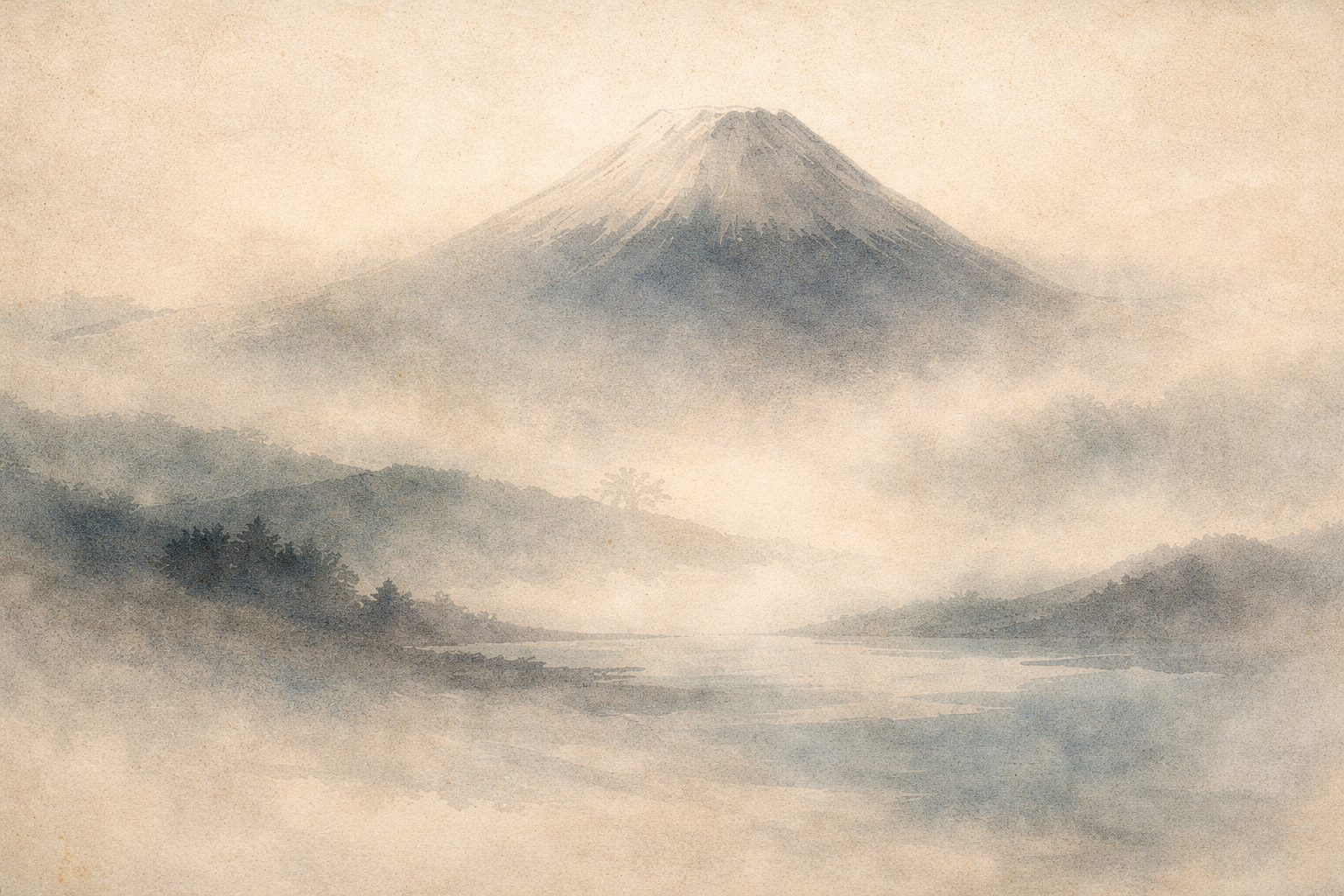 霧に包まれた山と静かな水面、重なり合う丘を描いた柔らかな水彩画。仏教の四諦――苦の存在、原因の理解、苦の終滅、そして解放へ至る道――を静かな自然の風景で象徴している。