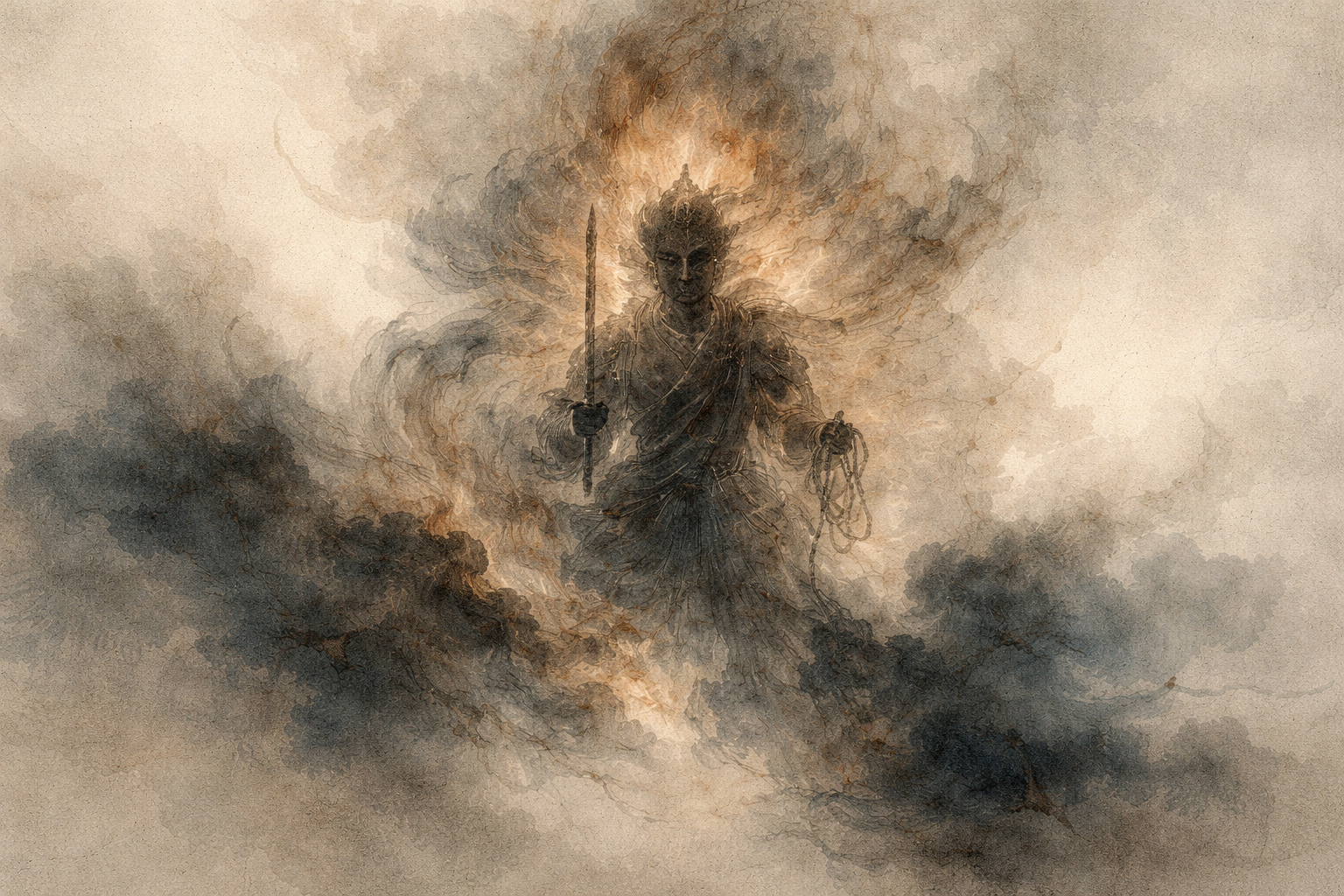 A dramatic watercolor-style image of a Buddha figure emerging from swirling clouds and light, holding a sword and ritual beads. The powerful yet calm presence symbolizes what a Buddha represents: awakened wisdom that cuts through ignorance, compassionate strength, inner clarity, and the fearless guidance toward liberation from suffering.