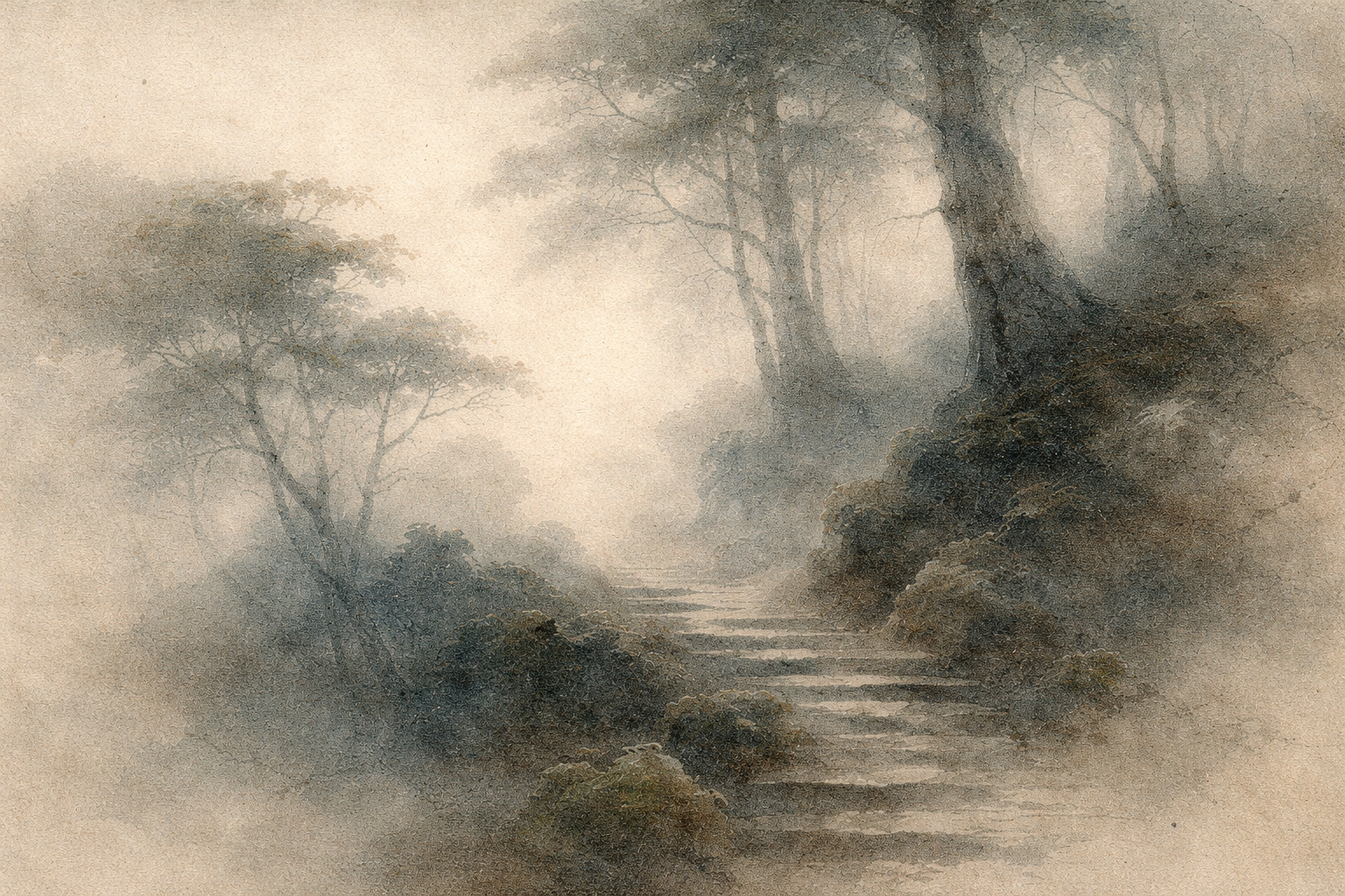 A misty, watercolor-style forest path ascending into soft light, symbolizing the meaning of “Buddha” as “the Awakened One.” The quiet steps and gentle glow represent awakening, clarity, and the path from ignorance toward insight and compassion.