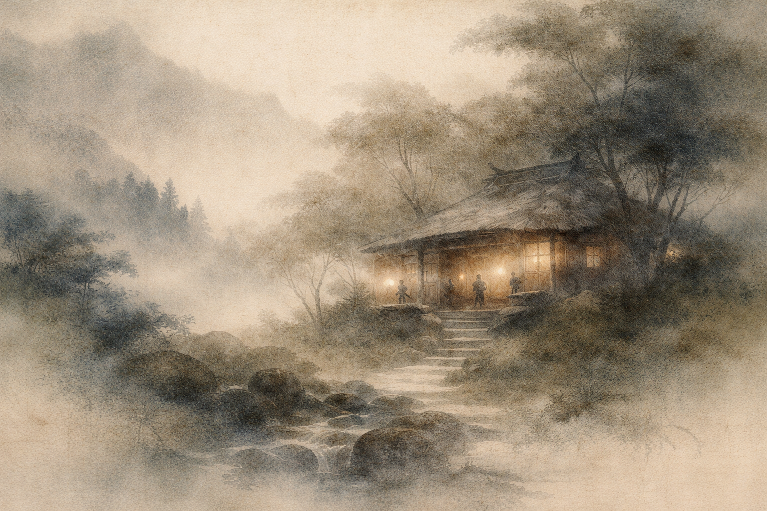 霧と木々に包まれた山中の寺院を描いた柔らかな水彩画。夕暮れの中、灯籠の光が石段を照らし、「ブッダ＝目覚めた人」という意味を象徴する、無知の中に気づきと光をもたらす存在を表している。